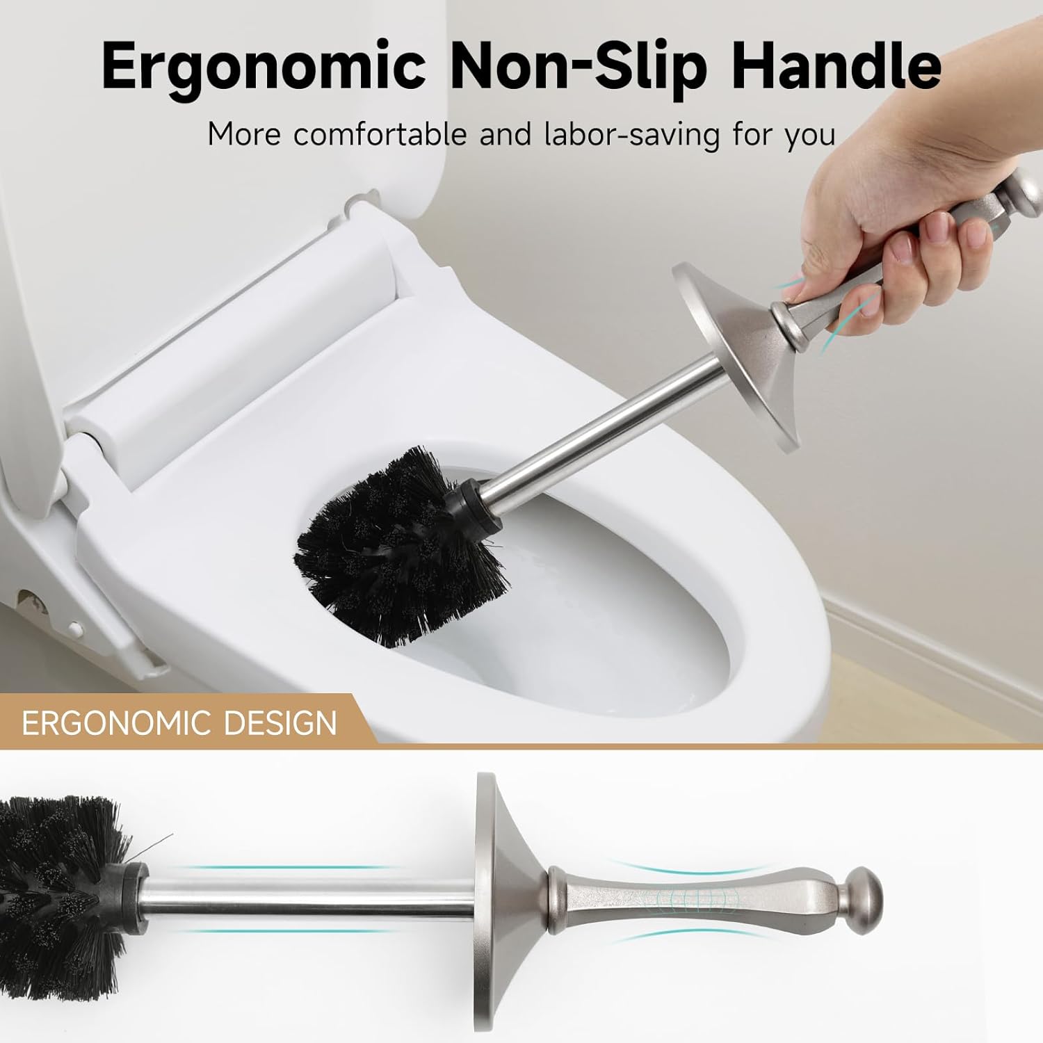 Stain Nickel Toilet Brush and Holder，Extra Long Handled Toilet Brush for Bathroom，Stainless Steel Heavy Duty Toilet Bowl Brush,Deep Cleaning Modern Toilet Cleaner Brush -Space Saving, Covered Brush