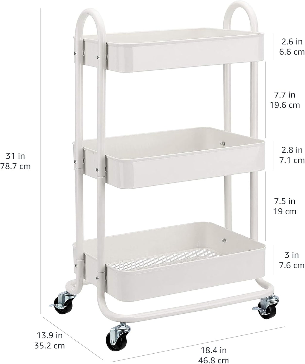 Amazon Basics 3-Tier Rolling Utility or Kitchen Cart, Lockable Wheels, Multifunctional Storage, White