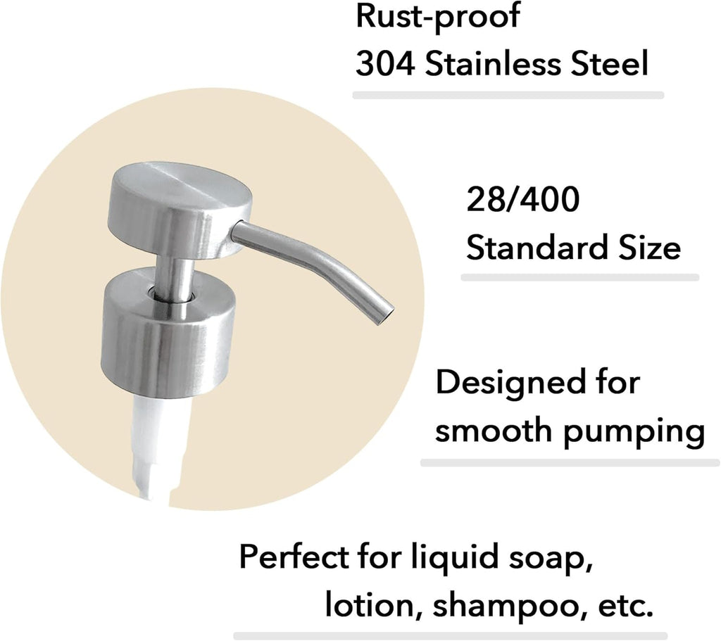 Stainless Steel Soap Dispenser Pump Head Replacement 2 Pack, 28/400 Threads Standard Size, for Bathroom and Kitchen (Stainless Steel)