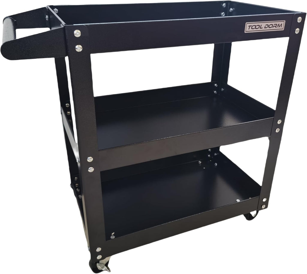 Utility Service Cart, 3 Shelf 150LBS Heavy Duty Steel Rolling Utility Cart, Medium Lipped Shelf, 360° Swivel Wheels, Ergonomic Storage Handle for Warehouse Garage, Black