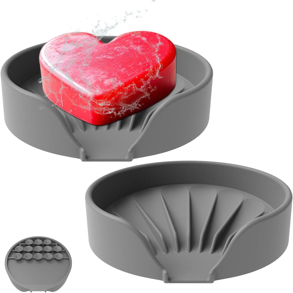 Self Draining Soap Dish, Silicone Suction Cup Soap Holder Tray Savers Container Sponge Holder for Bar Bathroom Shower Kitchen Sink, Can Extend Soap Life (2, Gray)