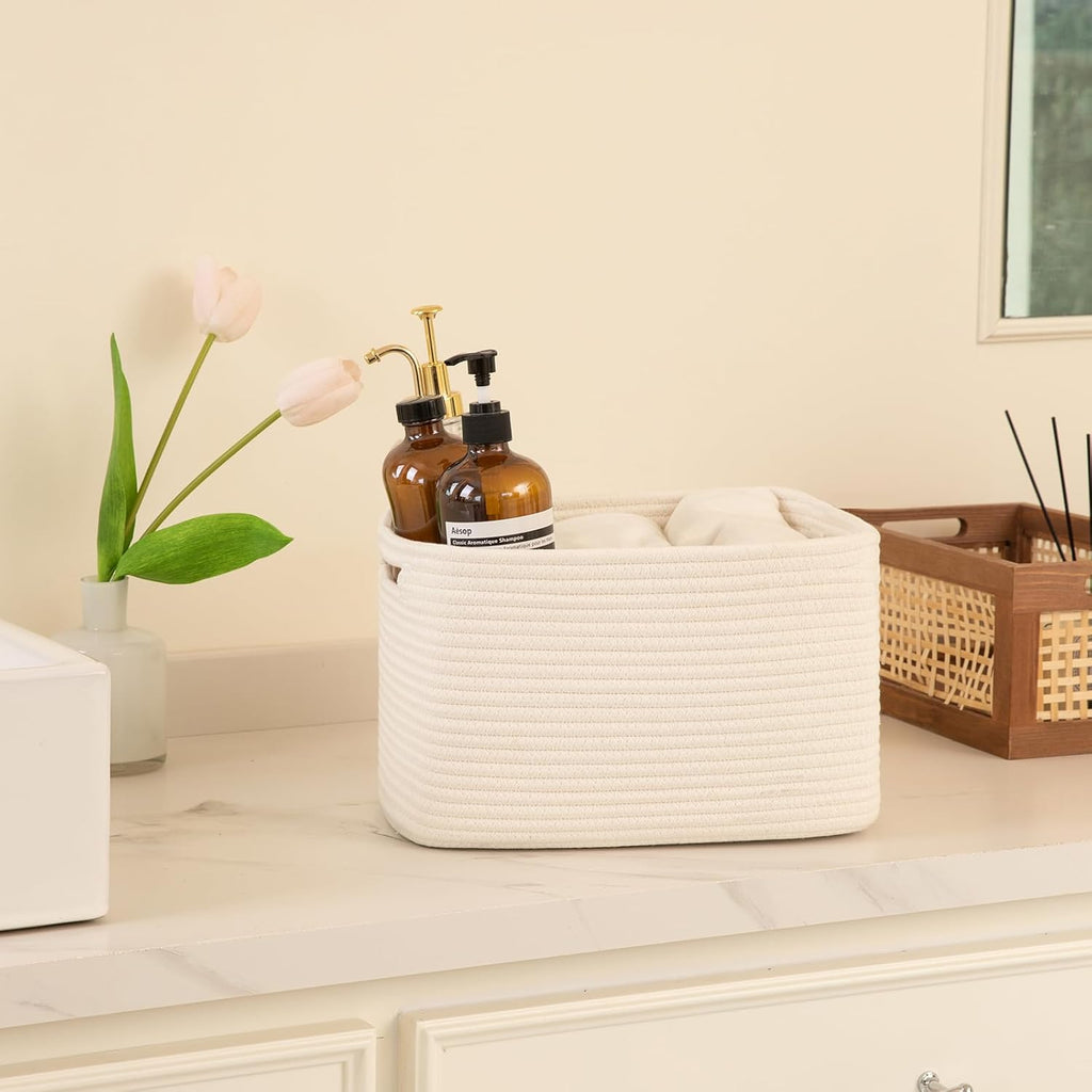 OIAHOMY 4 Pack Storage Baskets for Organizing, Cube Storage Bins for Shelves, Rectangle Storage Baskets With Handles, Woven Baskets for Storage, 12.7''Lx9''Wx7.8''H, White