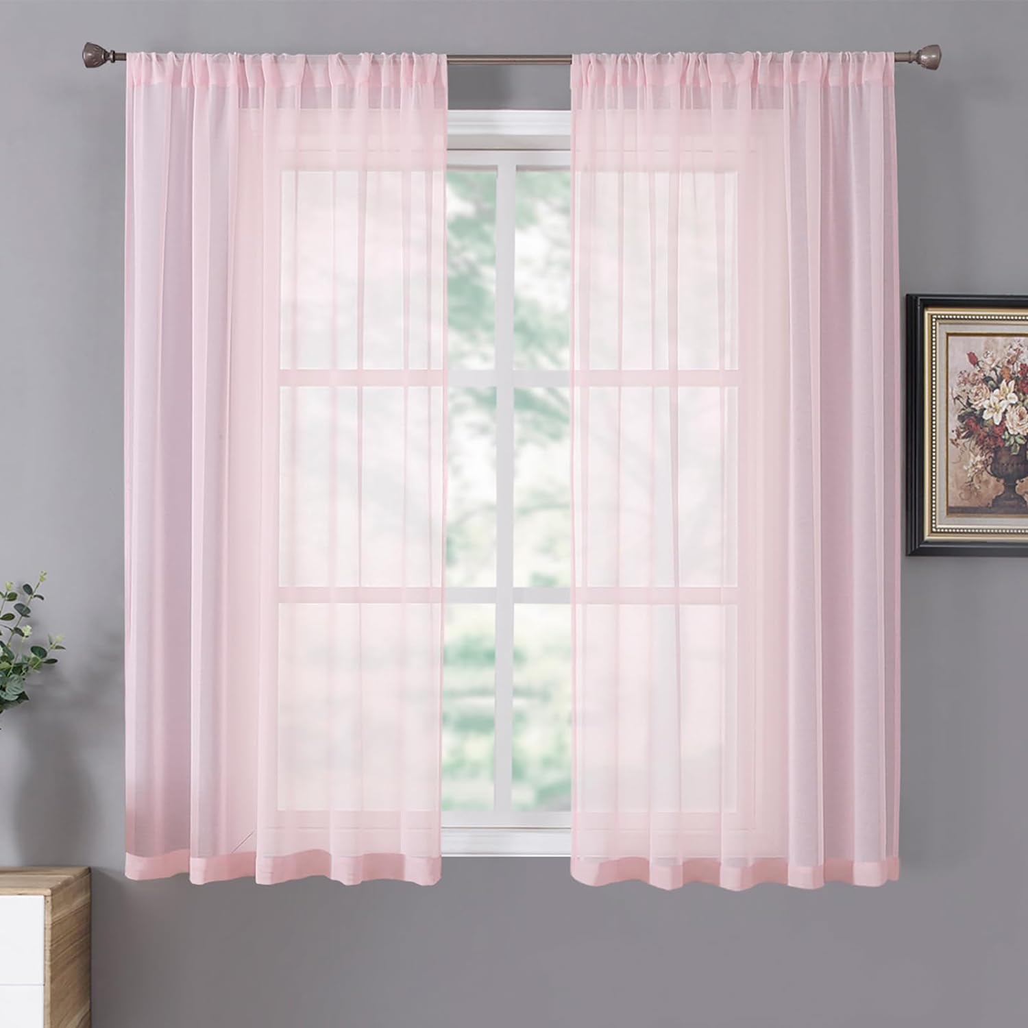 Tollpiz Sheer Curtains Linen Textured Bedroom Curtain Sheers Light Filtering Rod Pocket Voile Curtains for Living Room, 54 x 63 inches Long, Pink, Set of 2 Panels