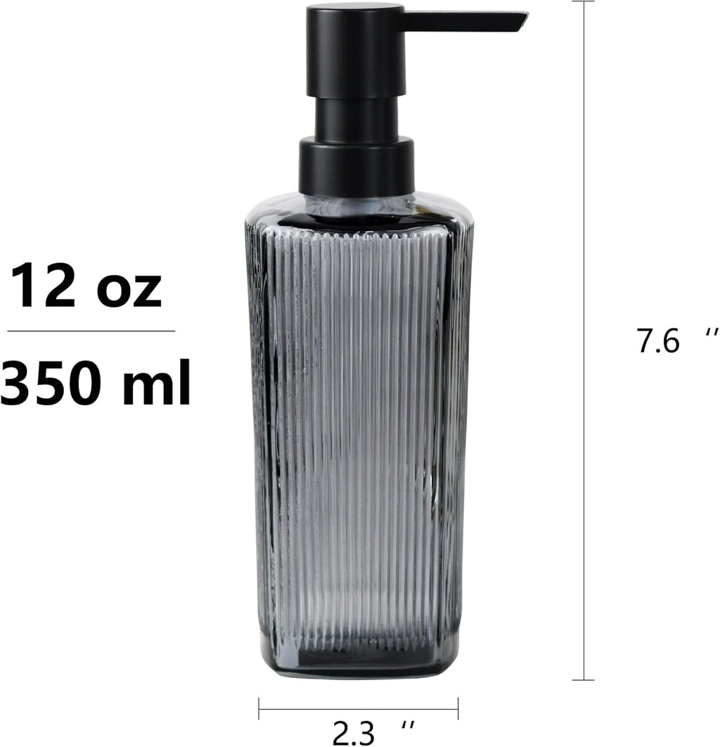 12 oz Glass Soap Dispenser with Vertical Stripe with Black Plastic Rustproof Pump, Small Refillable Soap Dispenser for Kitchen and Bathroom (Grey)