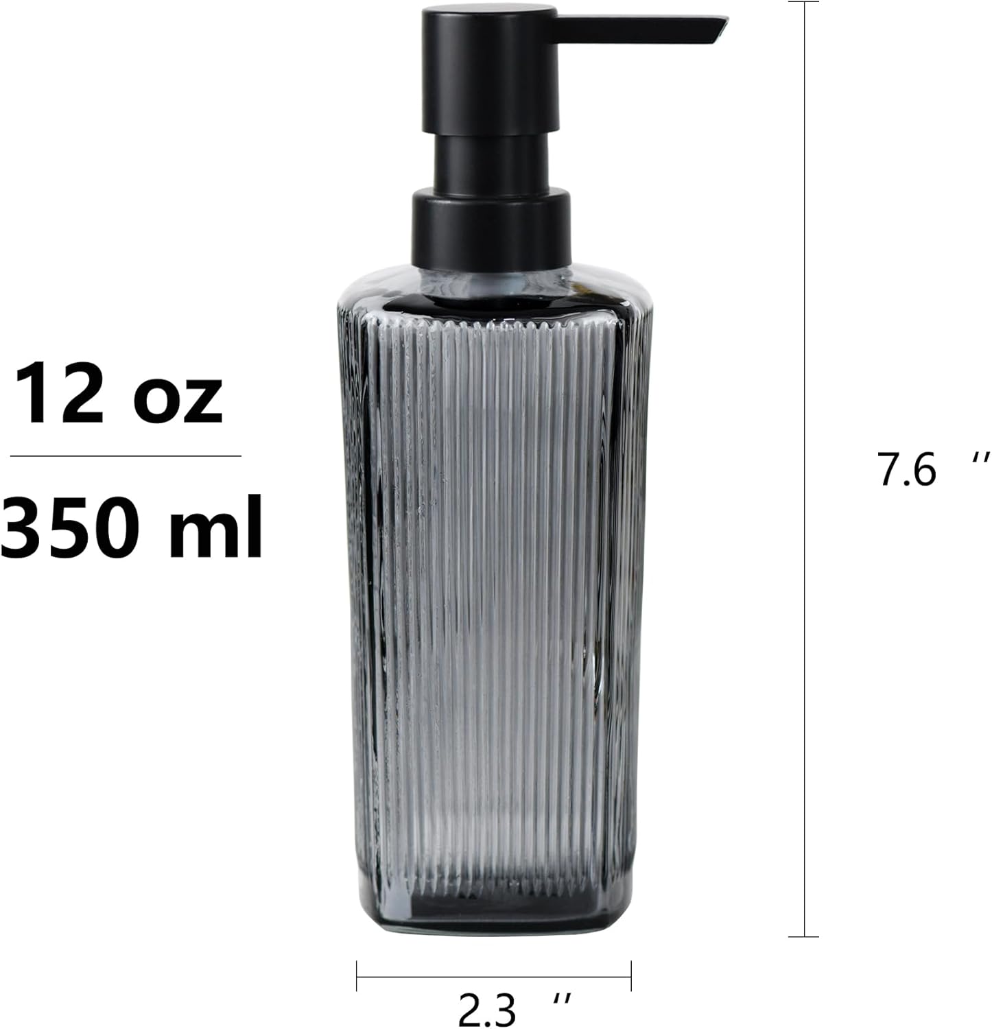 12 oz Glass Soap Dispenser with Vertical Stripe with Black Plastic Rustproof Pump, Small Refillable Soap Dispenser for Kitchen and Bathroom (Grey)