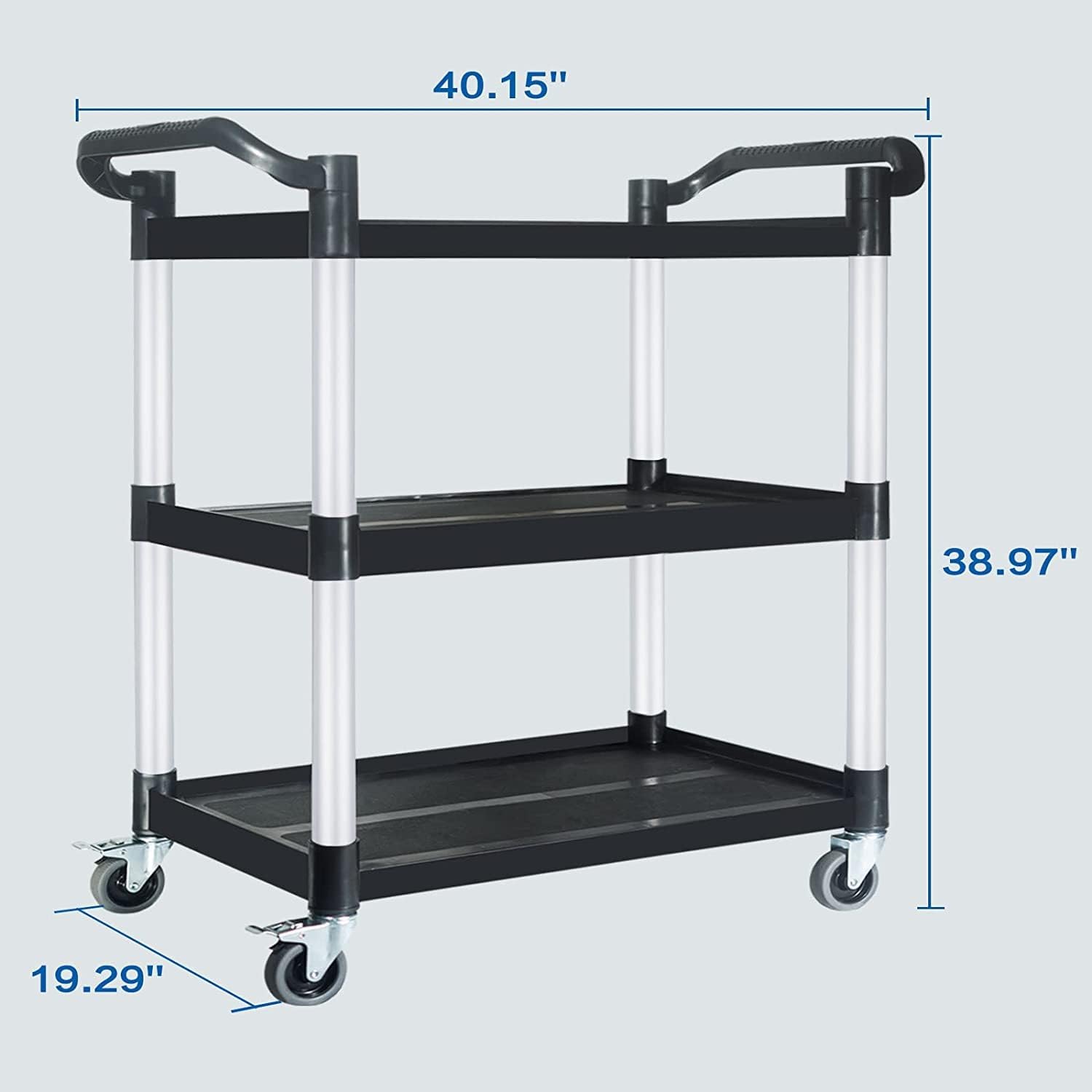 Service Cart with Wheels Lockable Large Size, Plastic Restaurant Cart Heavy Duty, Utility Commercial Cart for Office, Warehouse, Foodservice,40.1" L x 19.2" W x 38.5" H. Black (Large)