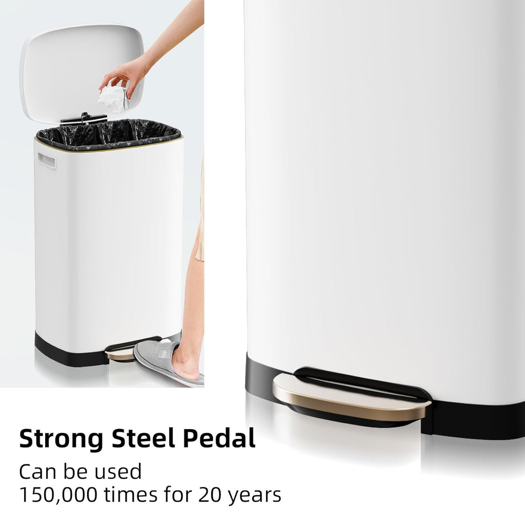 13 Gallon Trash Can with Lid, 50L Fingerprint Proof Stainless Steel Kitchen Trash Can with Removable Inner Bucket and Lid Soft Close, Pedal Rubbish Bin for Home Office, White