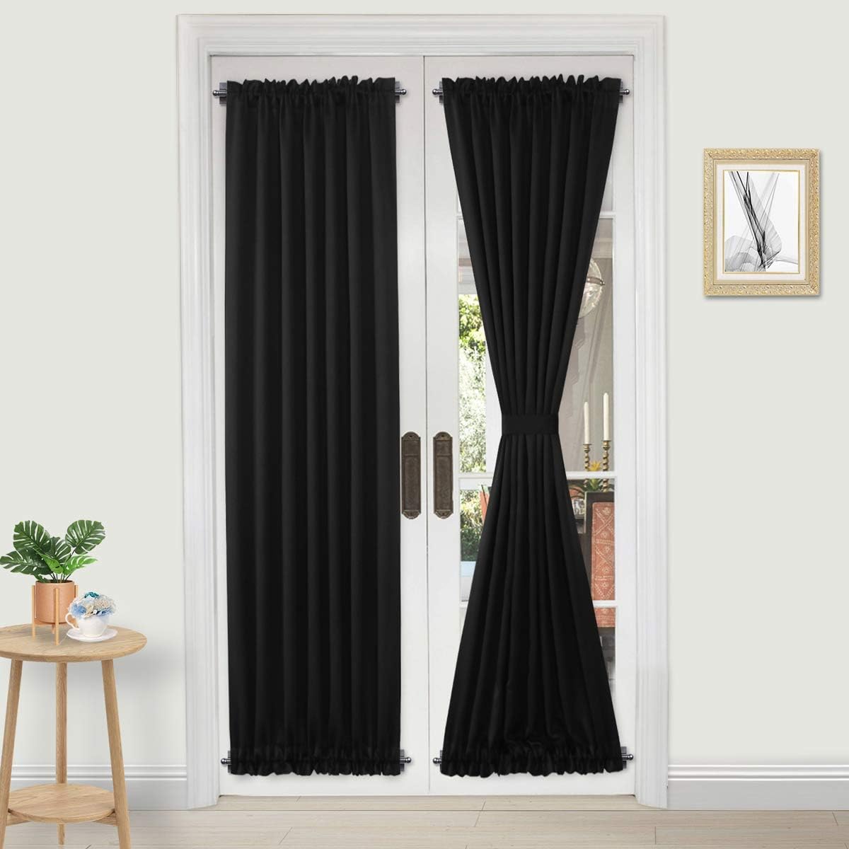 DWCN French Door Curtains – Rod Pocket Thermal Blackout Curtain for Doors with Glass Window, Kitchen and Patio Doors for Privacy, 25 X 72 Inches Long, 1 Curtain Panel with Tieback,Black