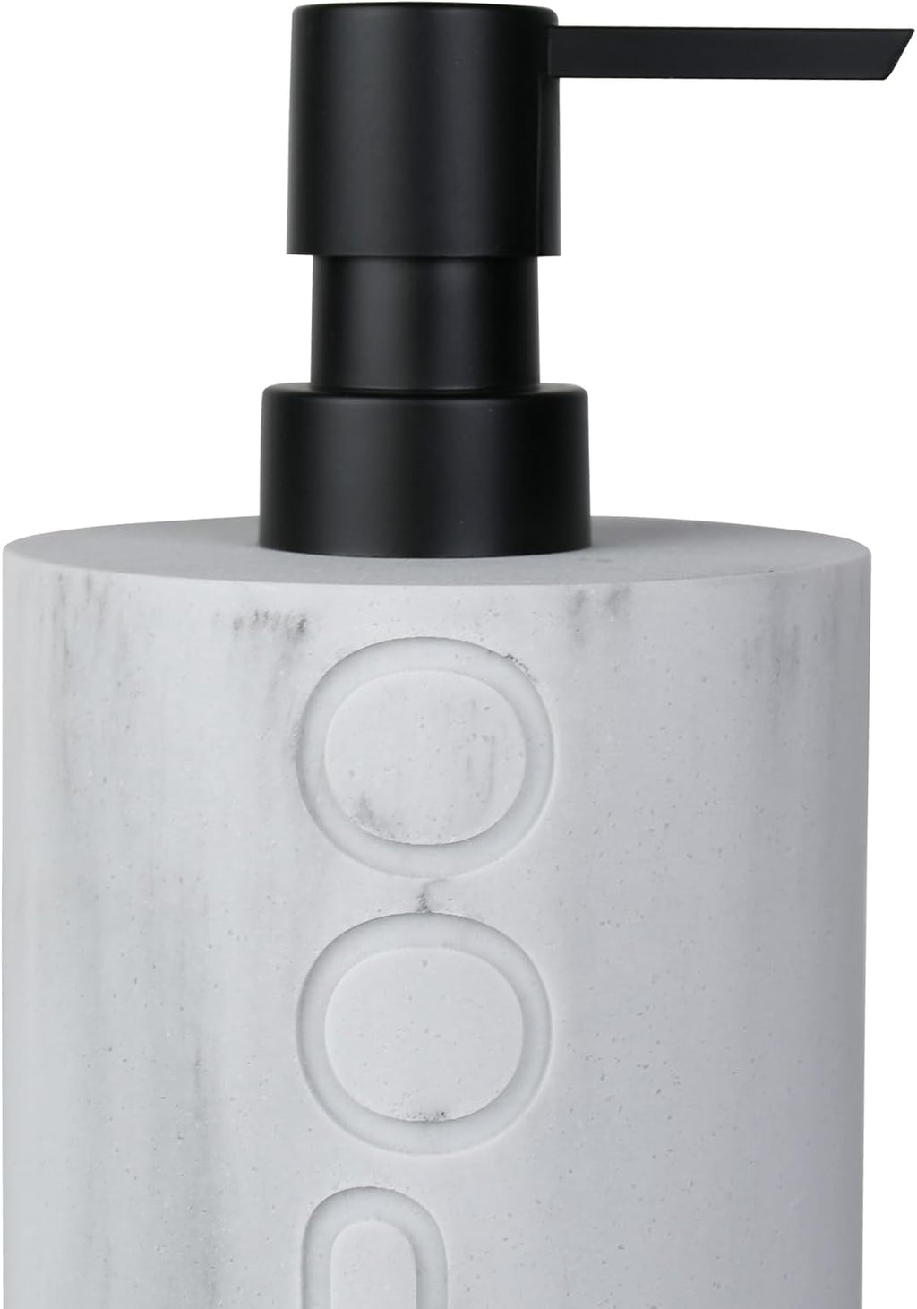 Matte White Shampoo Dispenser Modern Refillable Pump Bottle with Embossed Text, Durable Resin Construction for Bathroom and Kitchen