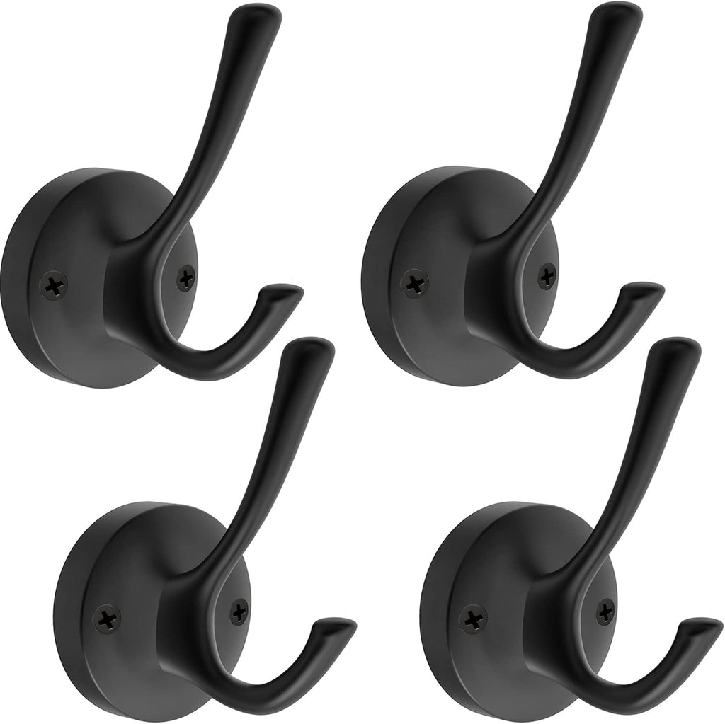 Matte Black Wall Hooks, 4 Pack Heavy Duty Coat Towel Hook Metal Double Backpack Hook Wall Mounted, Bath Towel Hooks for Entryway Cubicle Bathroom Closet Garage
