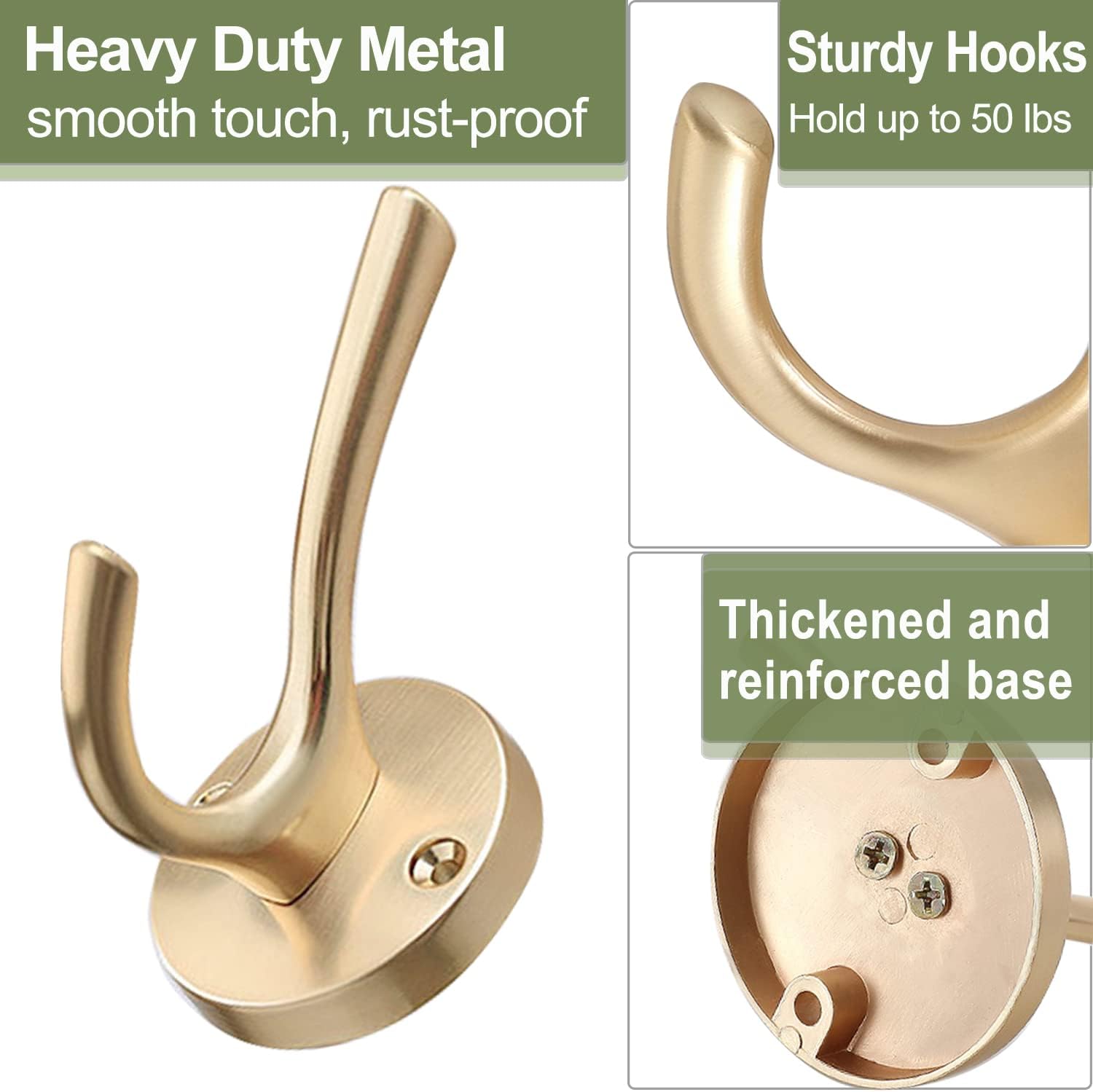 Gold Coat Hooks for Wall, 2 Pack Heavy Duty Towel Robe Hooks, Hats Hooks for Entryway Cubicle Closet Mudroom Bathroom Garage