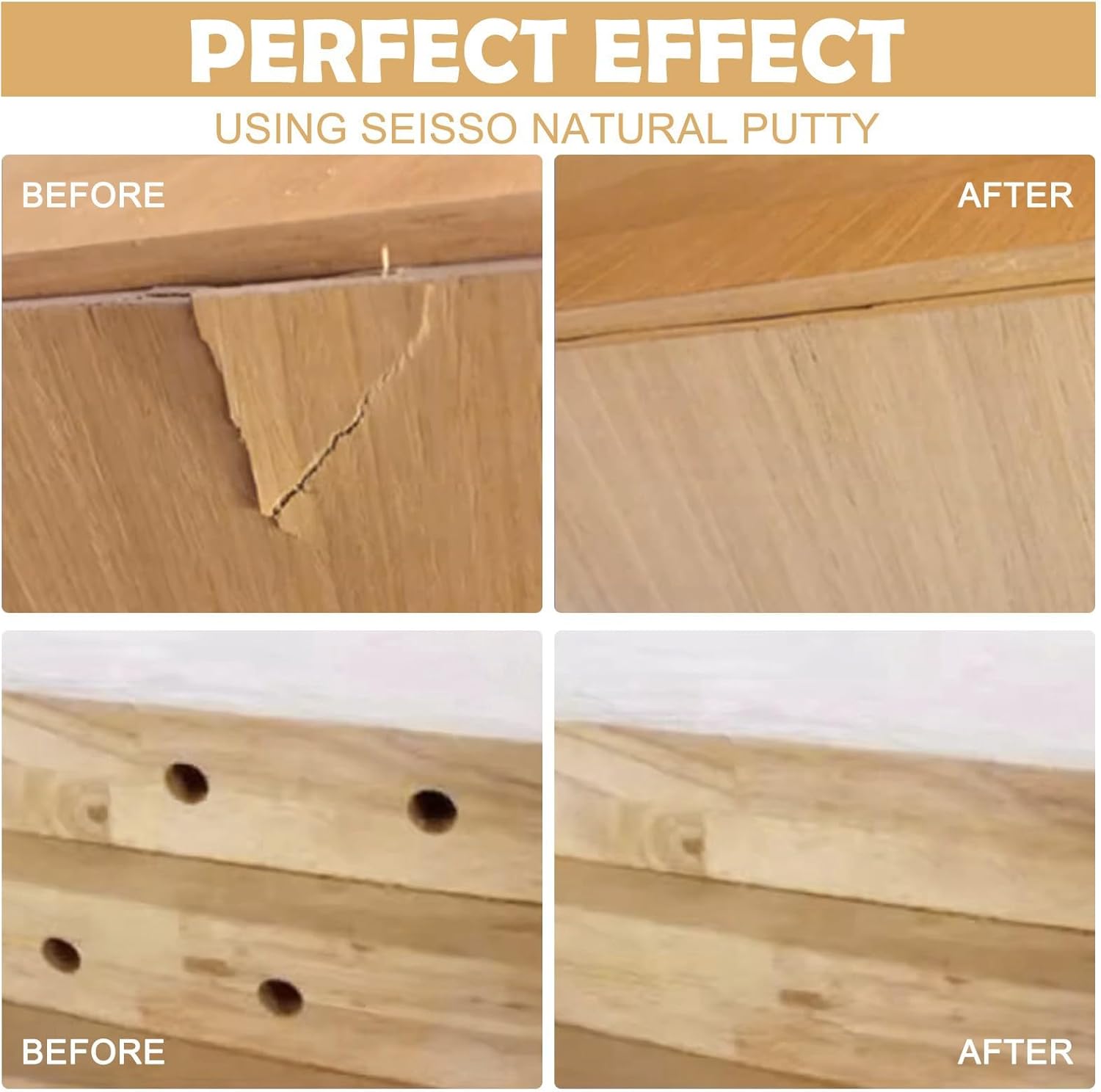 SEISSO Wood Filler, Natural Wood Putty for Trim, Wood Filler Paintable, Stainable, Water-Based Wood Putty Filler Outdoor, Wood Repair Kit - Restore Wooden Table, Cabinet, Floors, Door