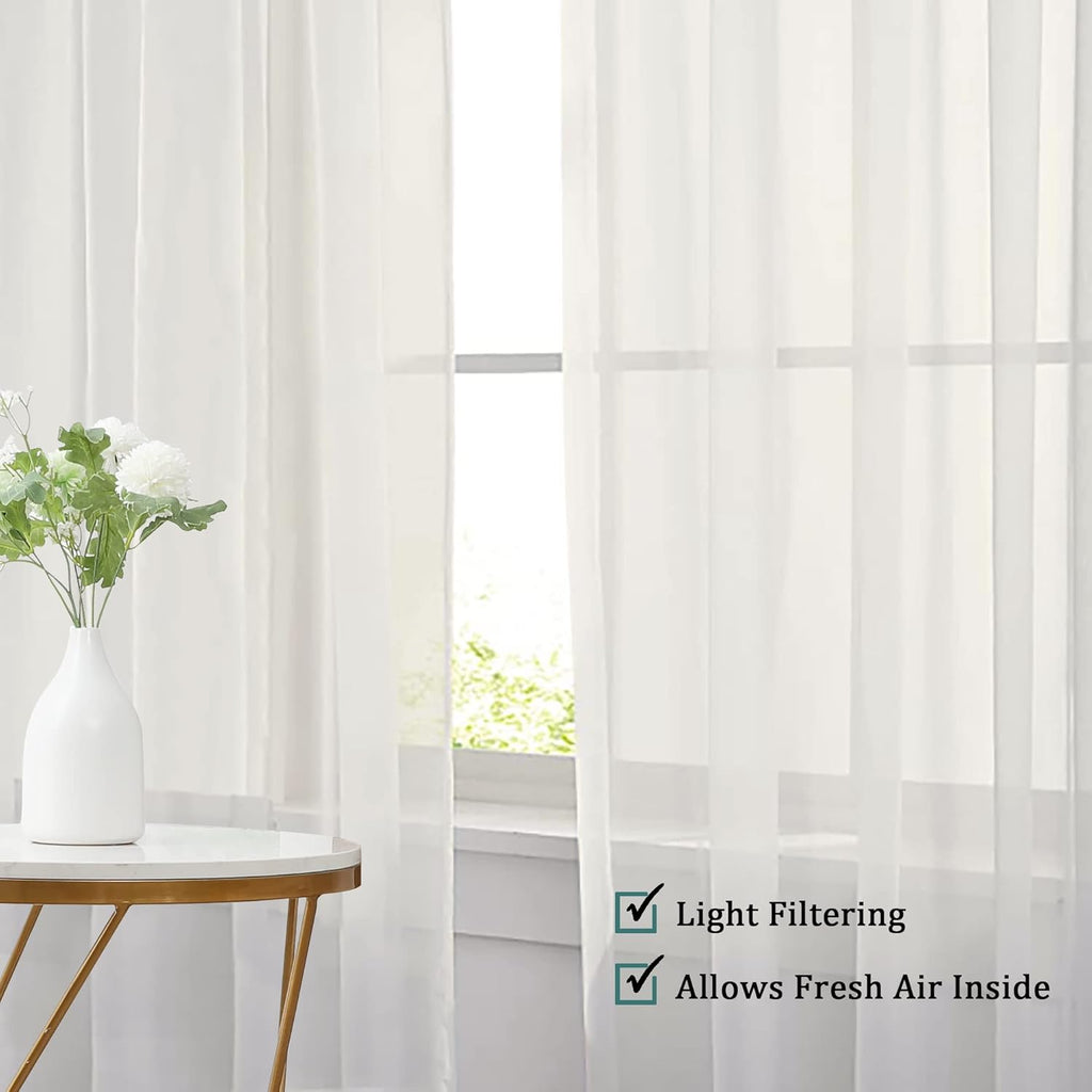 Chyhomenyc Sheer Curtains 63 Inch Length 2 Panels Set, Short Window Curtain Drapes Semi Transparent Voile Rod Pocket Curtains for Dining Bedroom Living Room, Each 42W x 63L inch, Set of 2, Ivory