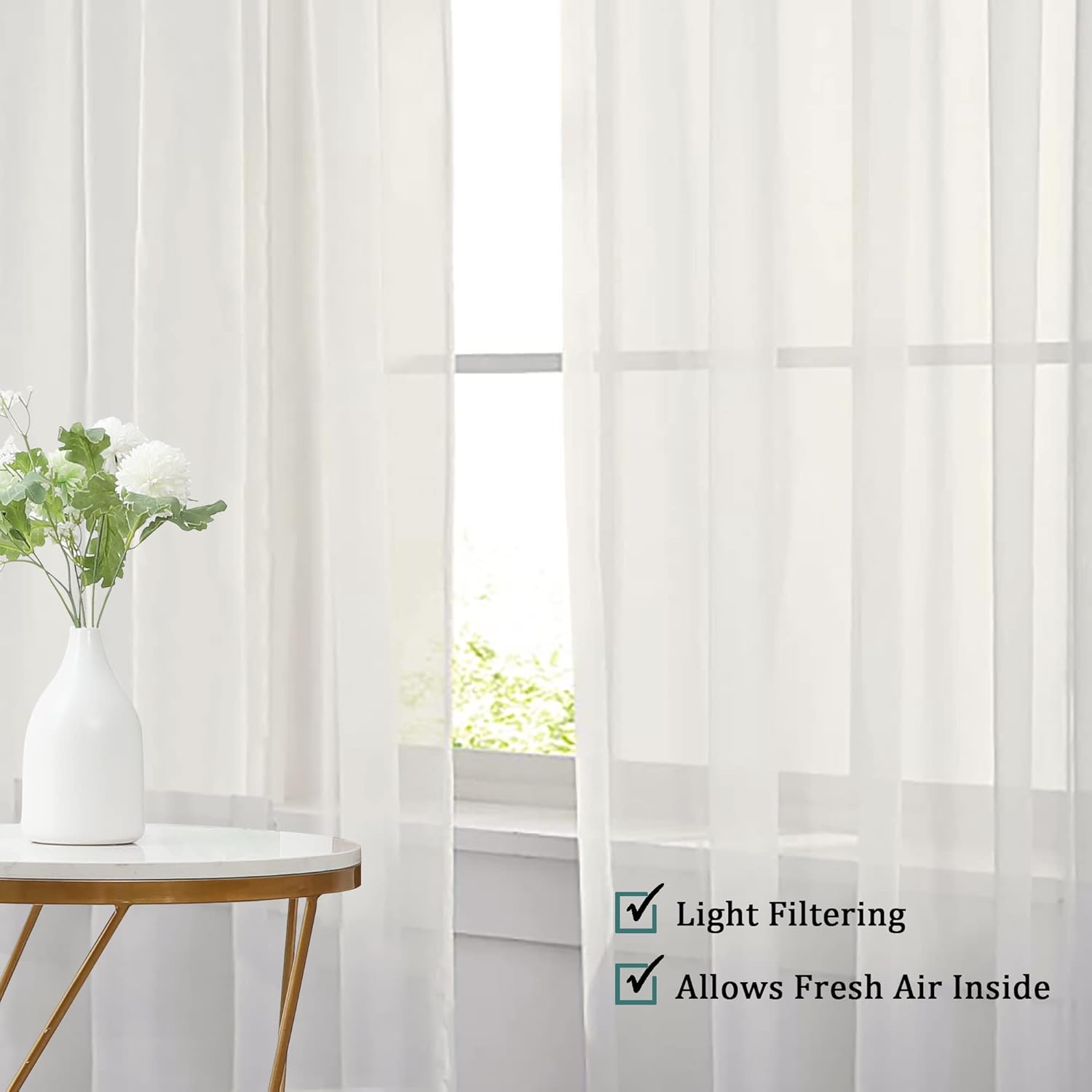 Chyhomenyc Sheer Curtains 63 Inch Length 2 Panels Set, Short Window Curtain Drapes Semi Transparent Voile Rod Pocket Curtains for Dining Bedroom Living Room, Each 42W x 63L inch, Set of 2, Ivory