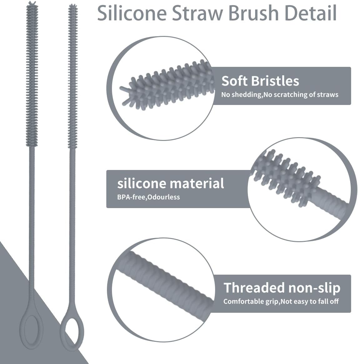 4PCS Silicone Straw Cleaner Brush, Reusable Straw Brush Extra Long for Cleaning Glass Metal Smoothie Straws and Cups, Non-Slip Handle Soft and Bendable, 2 PCS 6mm+2 PCS 9mm, Grey