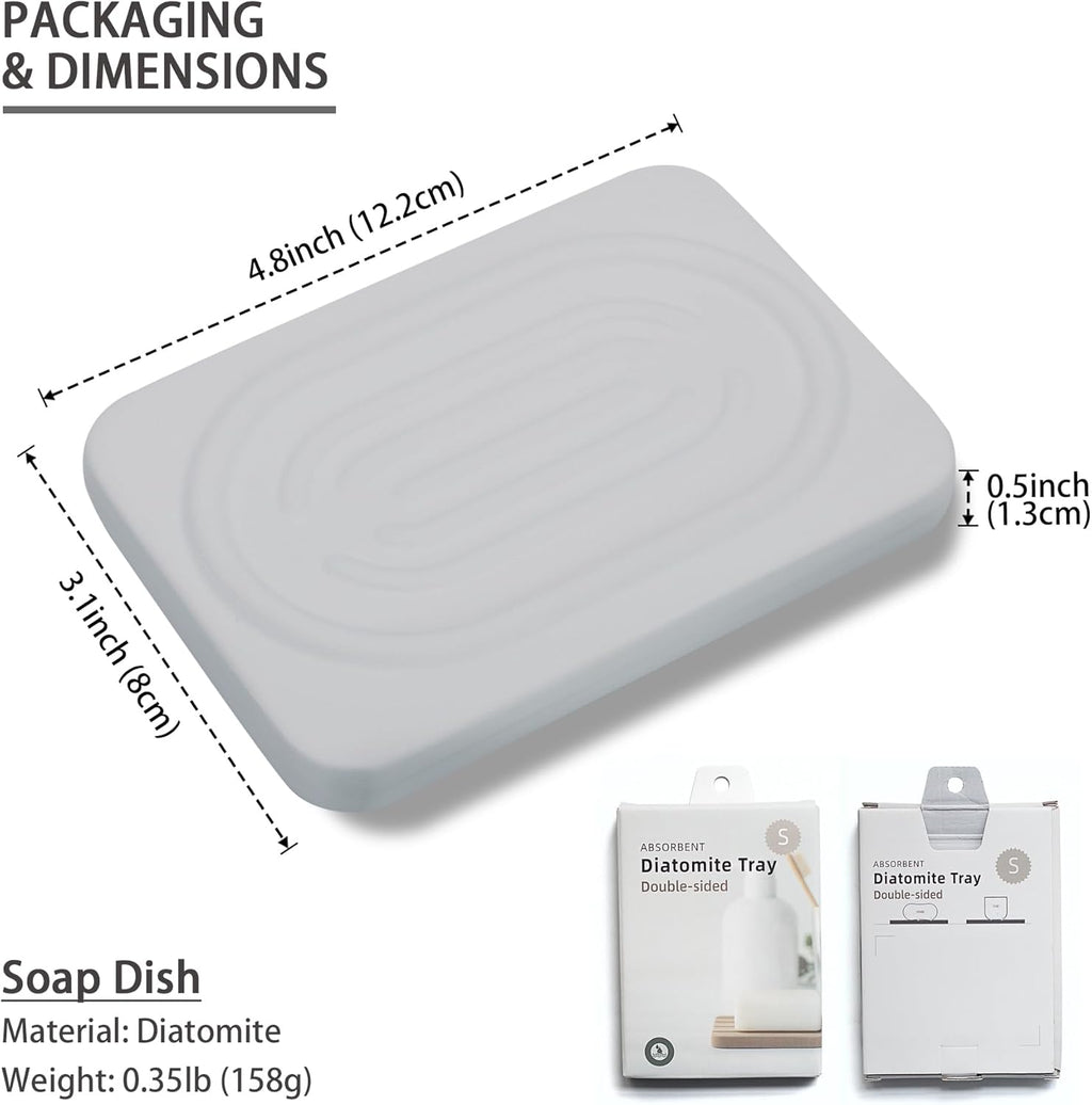 Diatomite Soap Dish for Kitchen Organizer, Quick Dry Sink Caddy Holder for Sponge, Brush, Toothbrush - Fast Absorbing Stone Tray (Light Grey, 4.8" x 3.1")