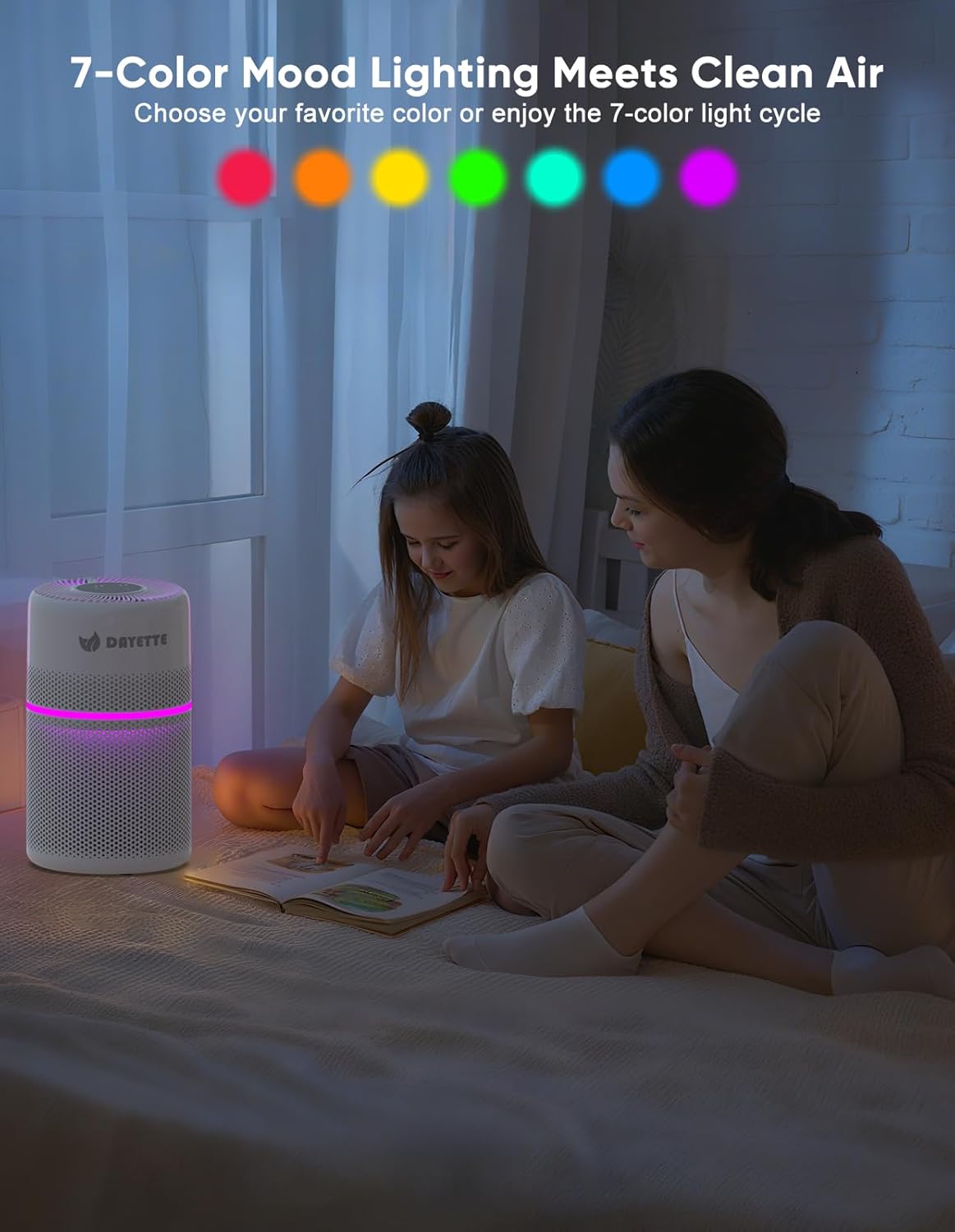 Smart Air Purifiers for Bedroom, DAYETTE 7 Color Light H13 Air Purifier for Home Large Room Up to 1500 Ft², APP Control & 20 dB Sleep Mode 2/4/8 Timer