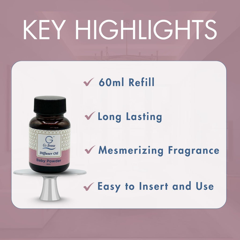 G's Breeze Baby Powder Diffuser Oil Refill - Soft & Soothing Fresh Baby Powder Scent - Ideal for Nurseries, Bedrooms, Living Rooms & More - Elevate Your Space with Comforting Aroma - 60 ML