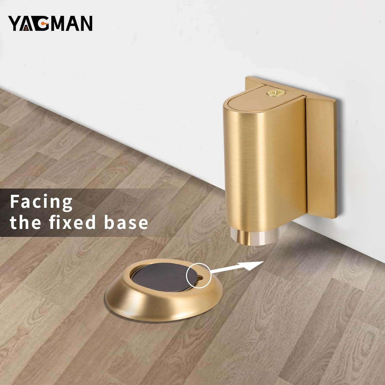 2 Pack Magnetic Door Stoppers Retractable Bottom of Door Holder No Drilling Mount Floor Door Stop with Screws and Adhesive Catch Door Keep Door Open Brushed Gold BG-2