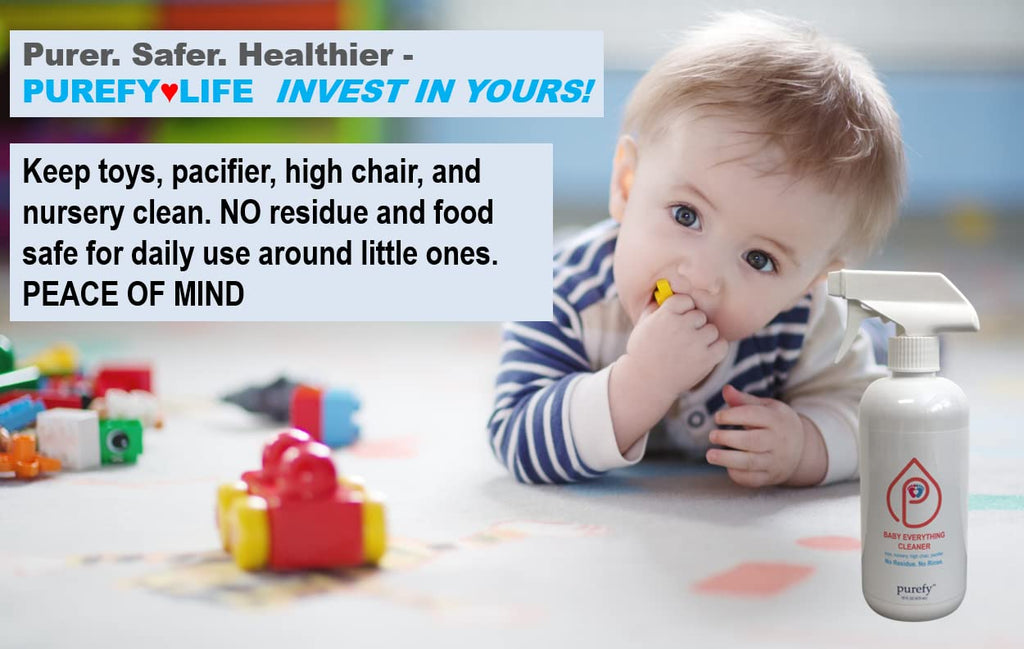 PUREFY Baby Everything Cleaner (16oz + Concentrate Makes 80oz) Hypoallergenic. Hypochlorous Technology. No Residue. Unscented. No Rinse. Baby Safe cleaner for Toys, Pacifier, High Chair, and Nursery. Fine Spray for Everywhere Everything.