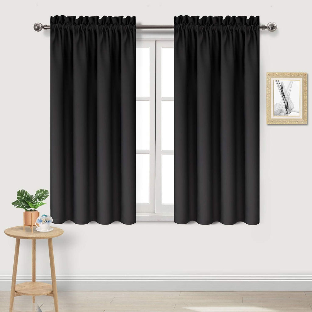 DWCN Blackout Curtains Thermal Insulated Energy Saving Bedroom and Kitchen Curtains Window Treatments, W 38 x L 45 Inch, Set of 2 Black Rod Pocket Drapes