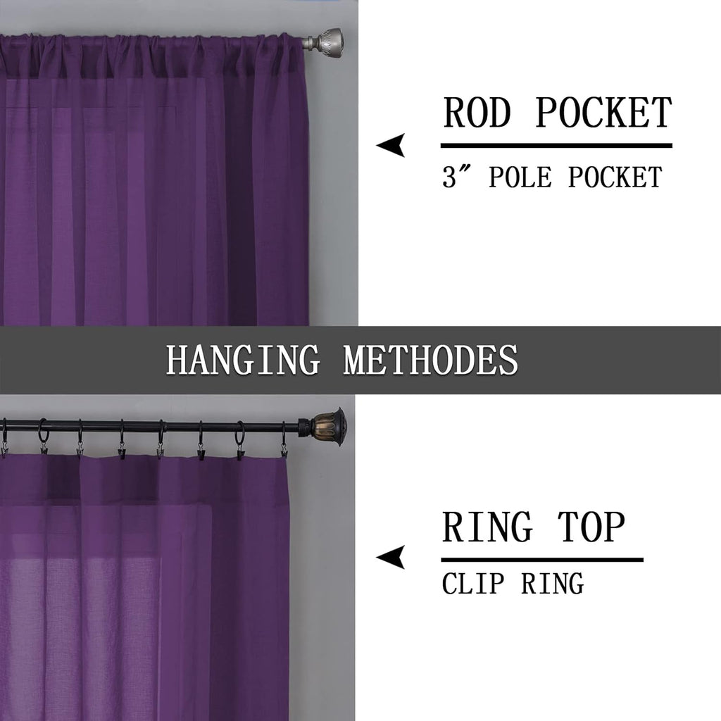 Tollpiz Short Sheer Curtains Linen Textured Living Room Curtain Sheers Light Filtering Rod Pocket Voile Curtains for Bedroom, 42 x 45 inches Long, Royal Purple, Set of 2 Panels