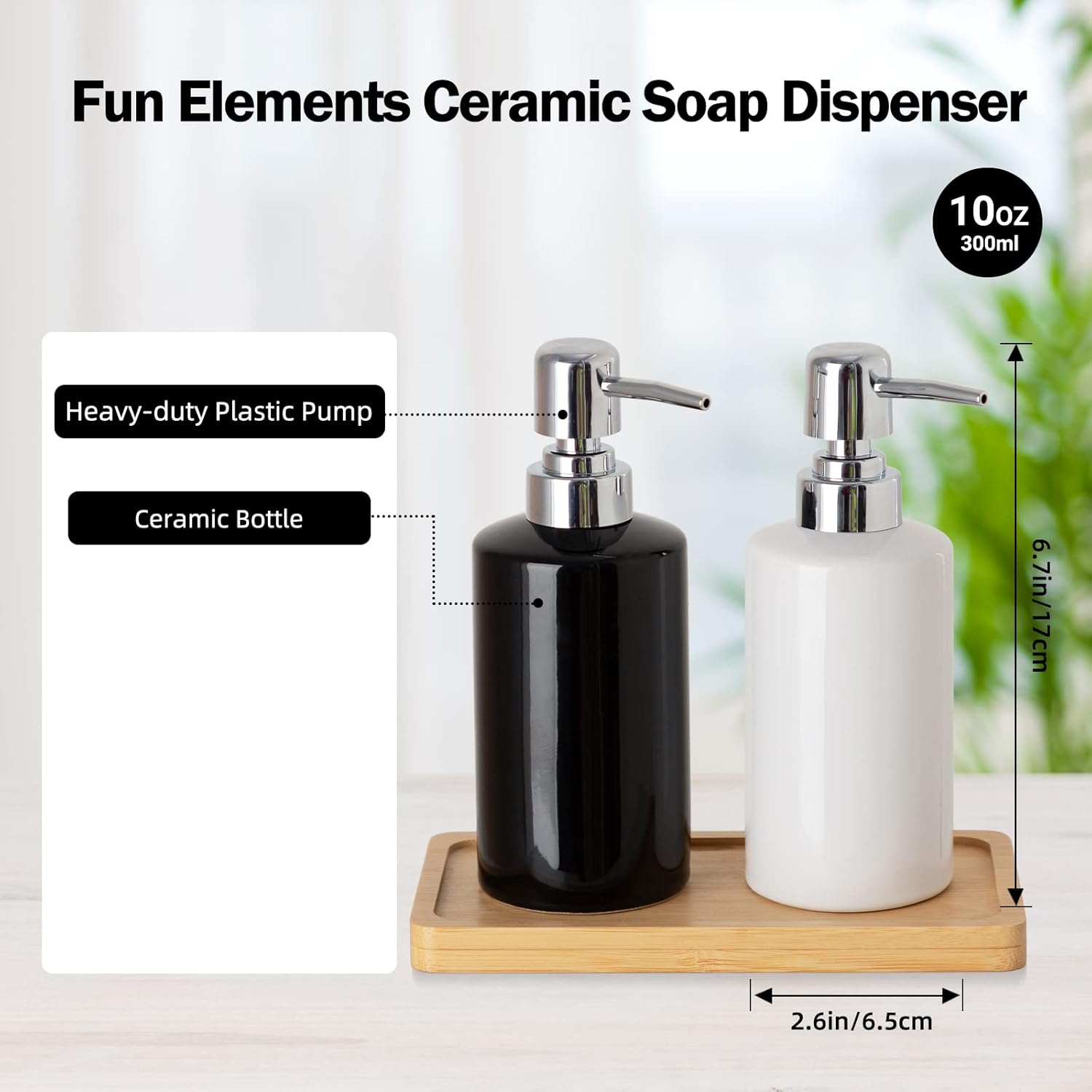FE Soap Dispenser, 300ml/10oz Ceramic Liquid Soap Pump Dispenser, Refillable Dish Soap Dispenser for Kitchen Bathroom Washroom (White)
