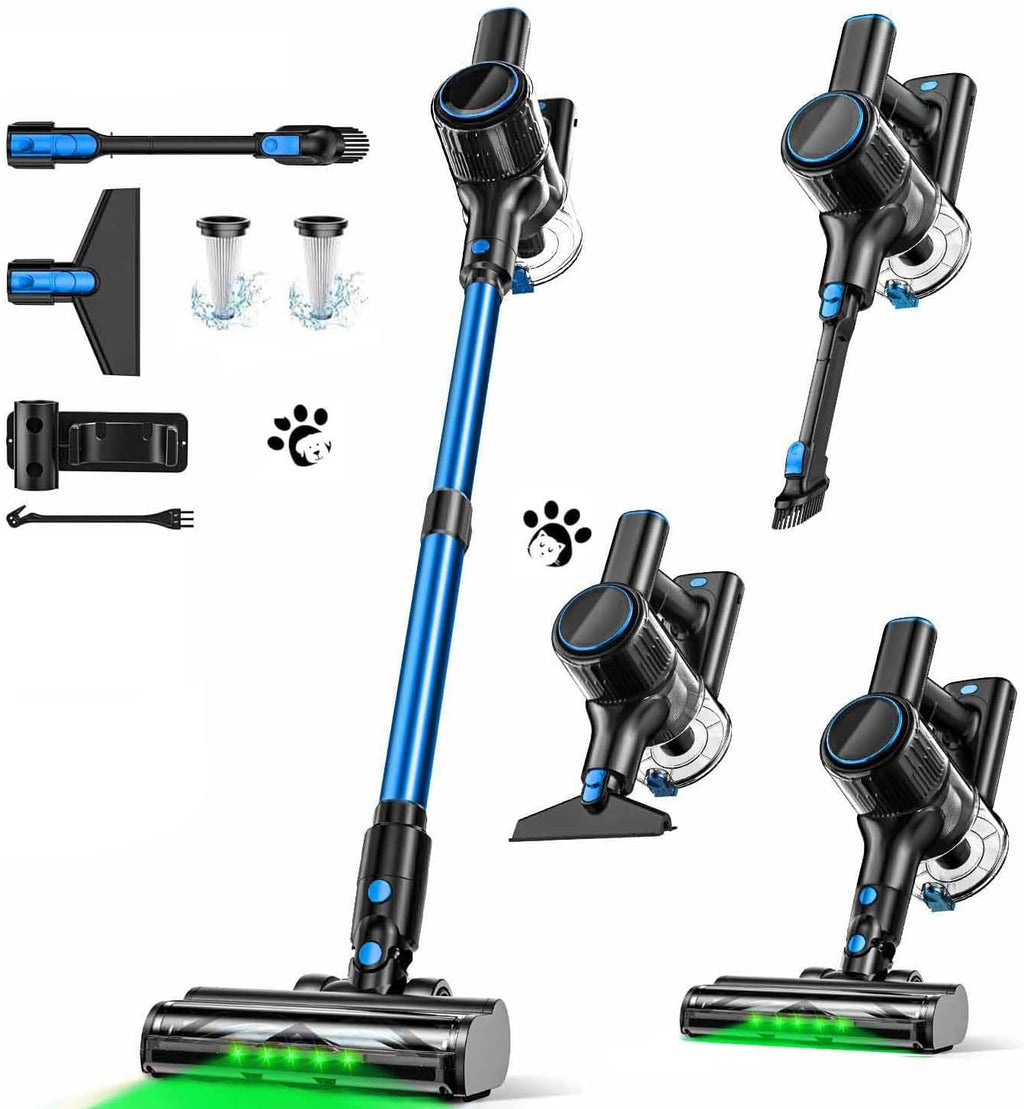 Cordless Vacuum Cleaner, 8-in-1 Vacuum Cleaners for Home, 45Mins Runtime, Anti-Tangle Stick Vacuum with LED Display, Rechargeable Lightweight Vacuum for Pet Hair/Carpet/Floor (Blue)