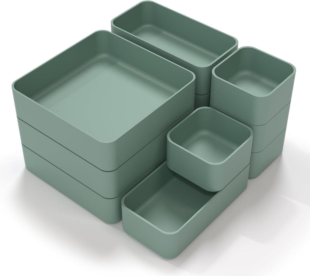 11-Piece Stackable Drawer Organizer Set, Multi-size Desk Drawer Organizer Trays Vanity Storage Bins for Storing Makeup, Stationery, Utensils in Bathroom Dresser, Office and Kitchen