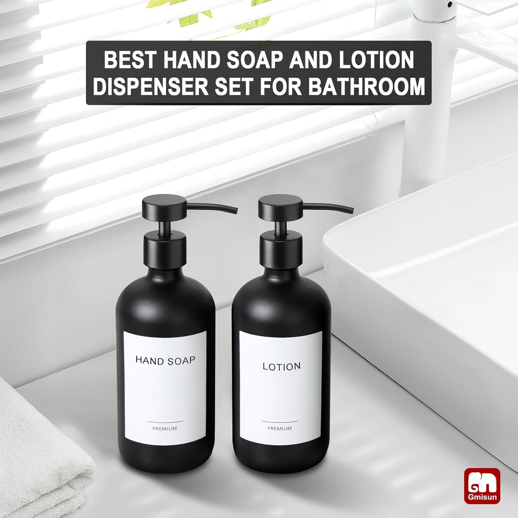 GMISUN Black Soap Dispenser, 2 Pack Matte Black Hand Soap Dispensers for Bathroom, 17 Fl Oz Glass Dish Soap Dispenser for Kitchen with Stainless Steel Pump, Modern Liquid Soap Bottle Set