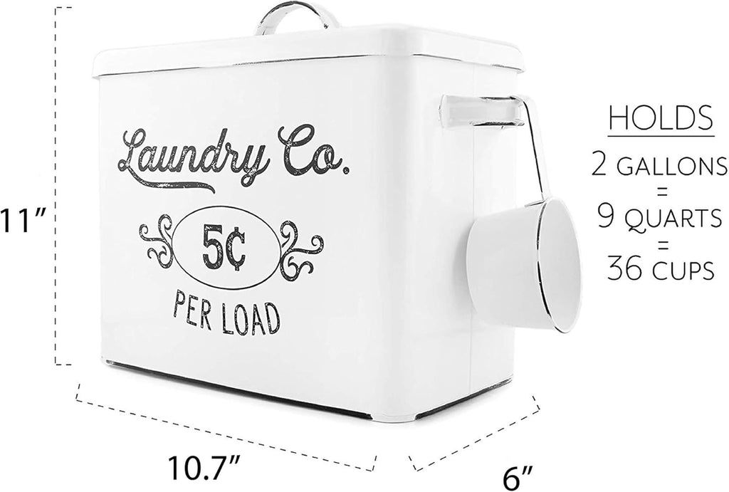 AuldHome Design Farmhouse Laundry Powder Container, White Enamelware Detergent Bin w/ Scoop