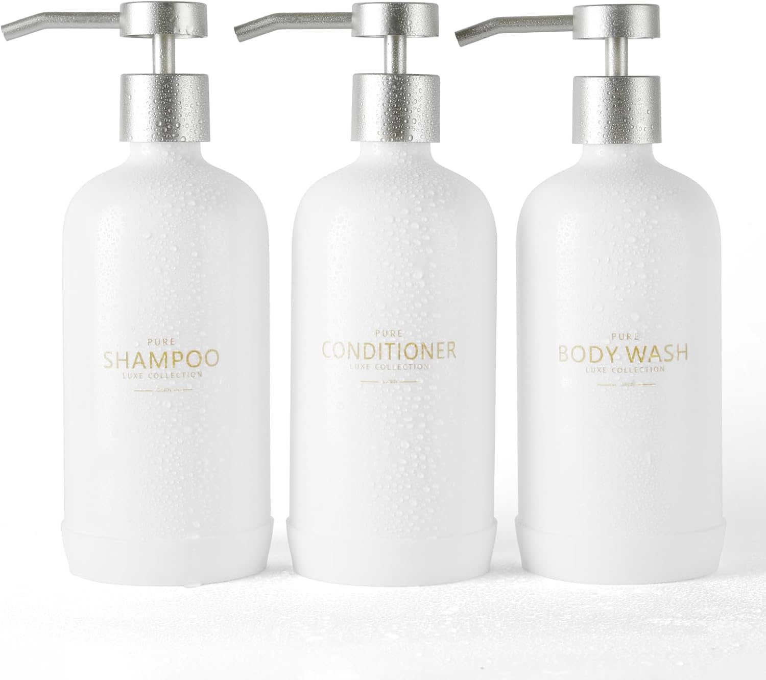 Shampoo and Conditioner Dispenser Set of 3,Refillable 21oz Shampoo Bottles with Non-Slip Protective Silicone Pad,Shower Soap Dispenser with Waterproof Labels for Bathroom (White)