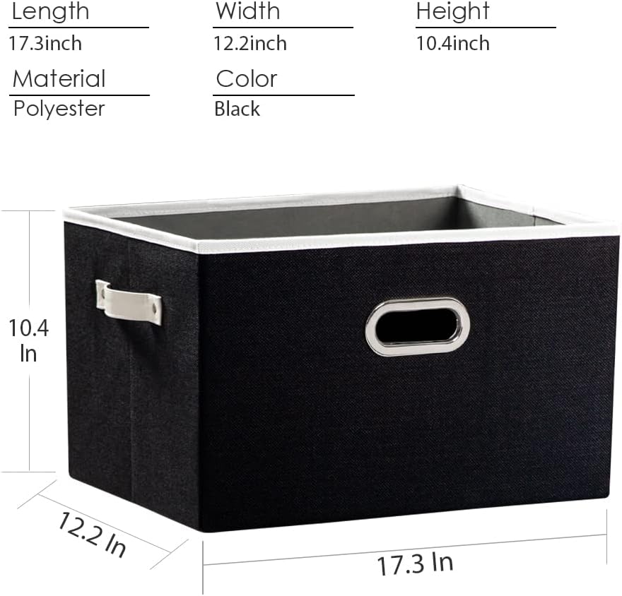 PRANDOM Larger Collapsible Storage Bins for Closet [3-pack] Decorative Linen Fabric Storage Baskets Cubes with Leather/Metal Handles for Living Room Black (17.3x12.2x10.4 Inch)