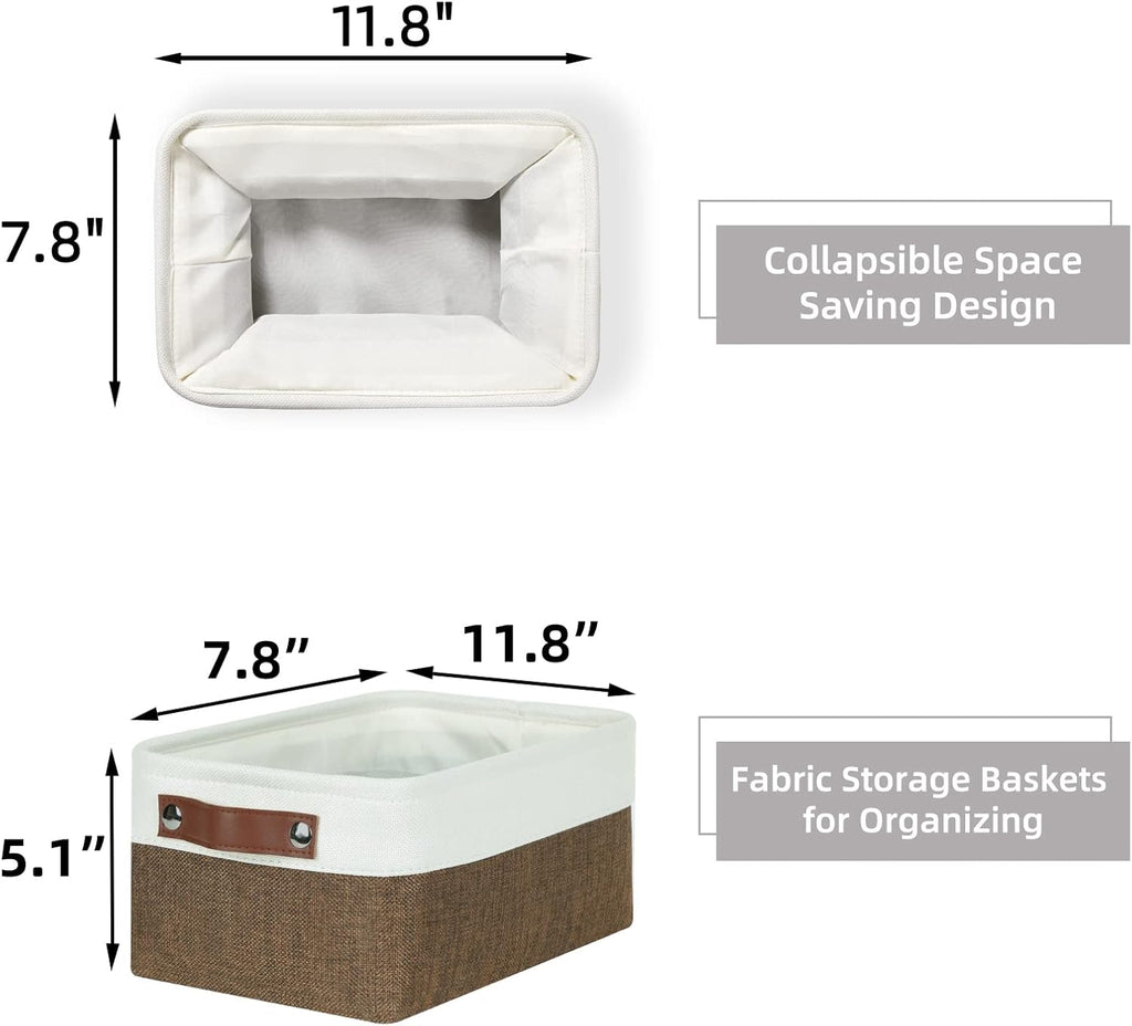 HNZIGE Small Fabric Storage Bins (6 Pack) - Foldable Decorative Baskets with Handles, Empty Gift Baskets for Storage (Brown & White, 11.8" x 7.8" x 5.1")