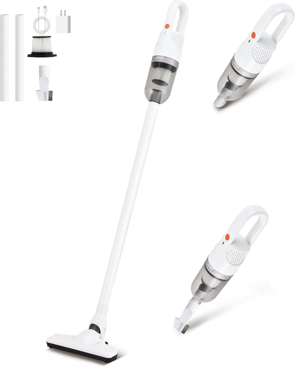 6-in-1 Lightweight Stick Vacuum Cleaner with 100W Powerful Motor, Mini Portable Household Handheld Vacuum Cleaner for Domestic Hard Floors, Carpets and Pet Hair (White Cordless with Plug)