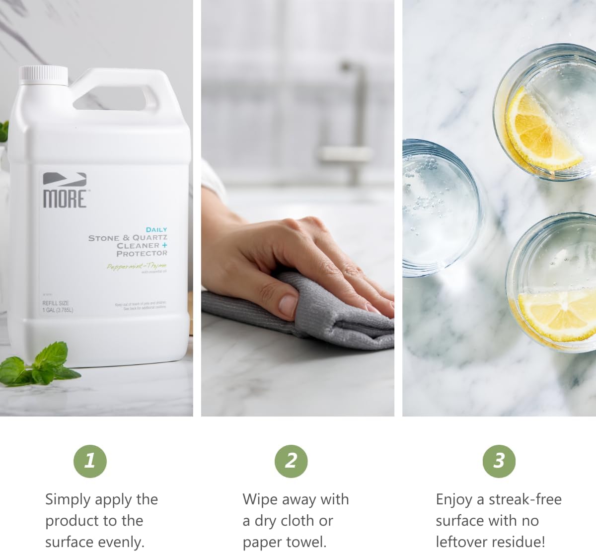 MORE Stone & Quartz Cleaner + Protector - Granite, Quartz & Marble Cleaner - For Kitchen & Bathroom Countertops - Water-Based Surface Spray - Peppermint-Thyme Essential Oil - Pint + Gallon Bundle