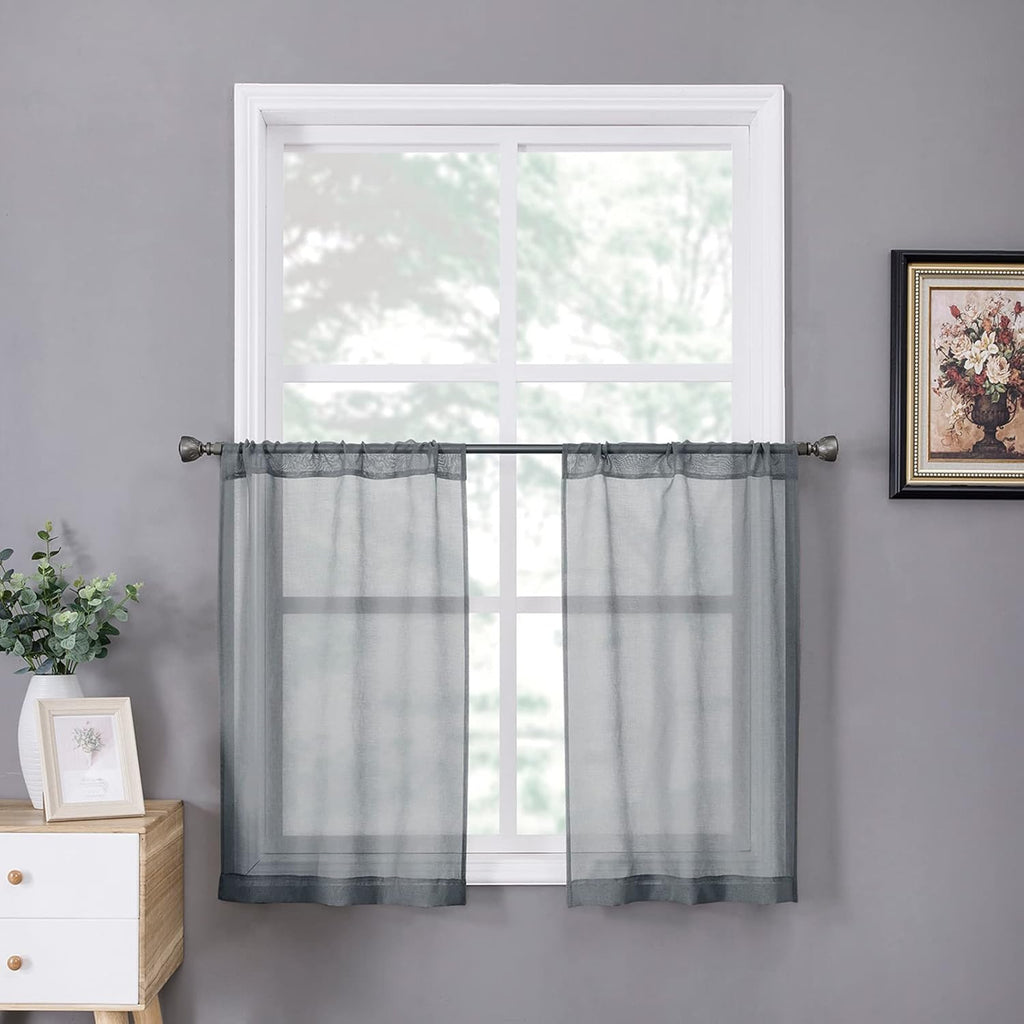 Tollpiz Short Sheer Tier Curtains Linen Textured Half Kitchen Curtain Sheers Light Filtering Rod Pocket Voile Small Curtain for Bathroom, 25 x 24 inches Long, Dark Grey, Set of 2 Panels