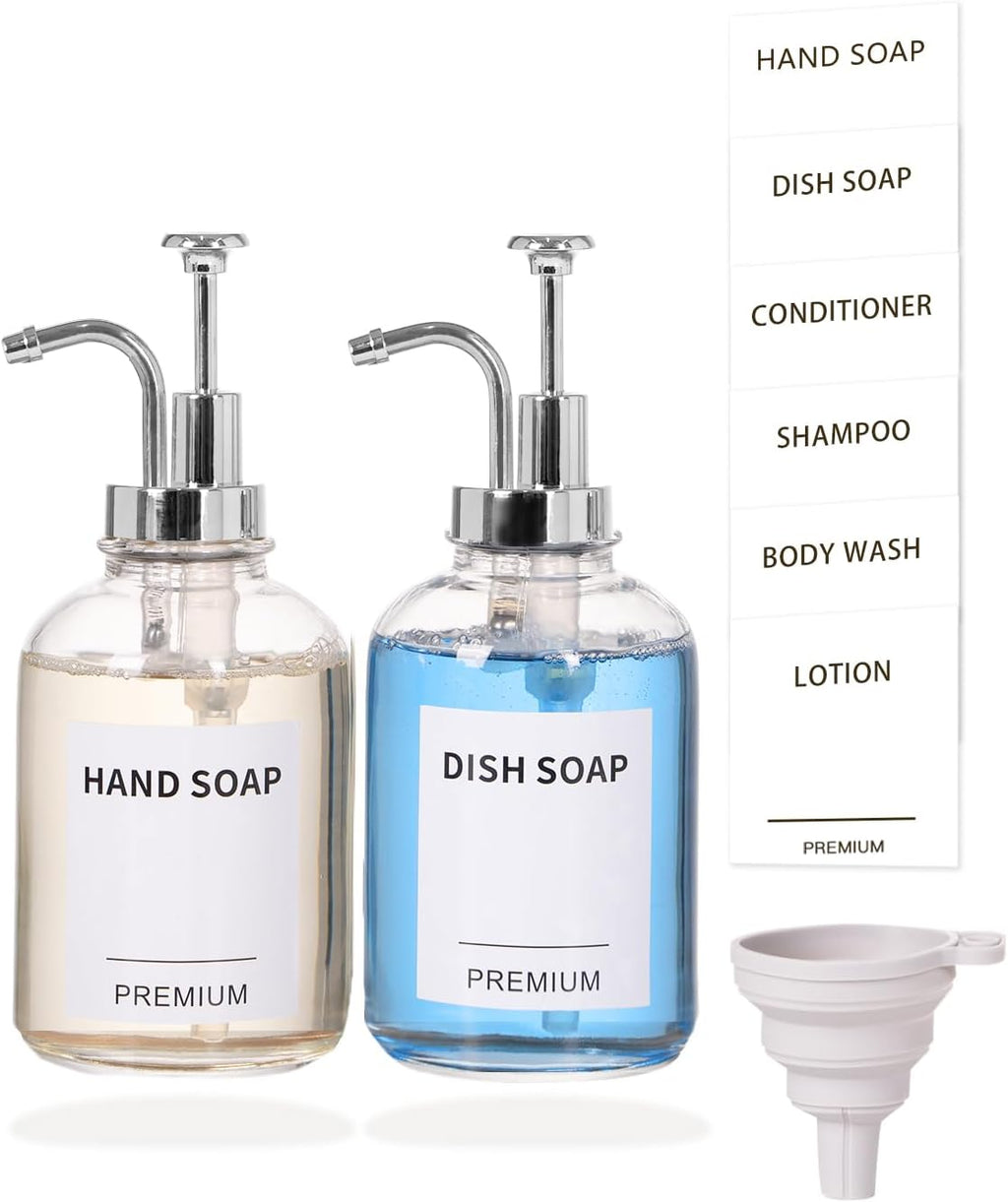12oz Dish Soap Dispenser for Kitchen, Hand Glass Soap Dispenser Set with Pump, Tray, Funnel for Bathroom, Shower, Laundry, Liquid, Lotion (Silver 2 Pack Clear Bottles with 12 Stickers)