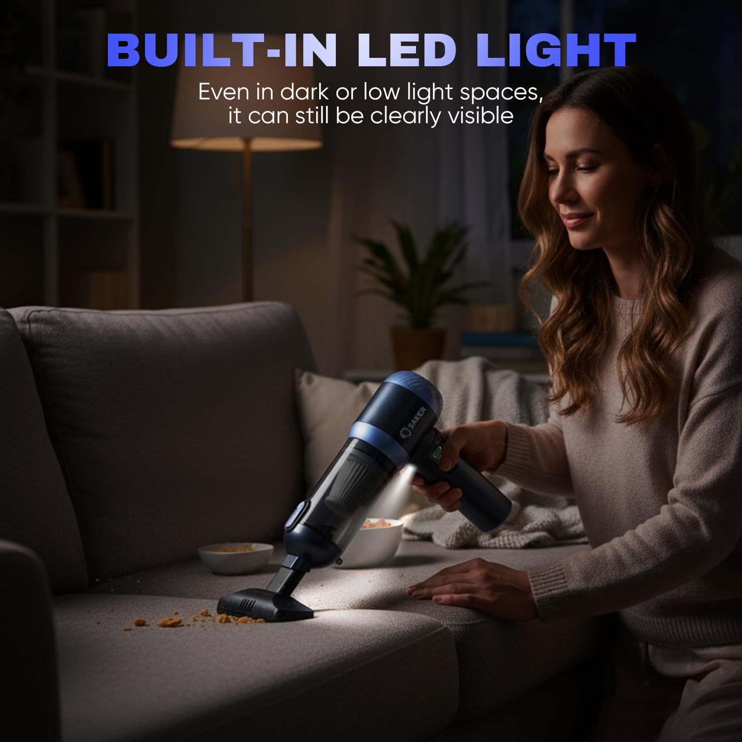 Saker Car Vacuum Portable Cordless 20000Pa Suction Power 4 in 1 Handheld Vacuum with LED Light Type-C Portable Mini Vacuums for Car, Home, Office, Pet HL157 Blue