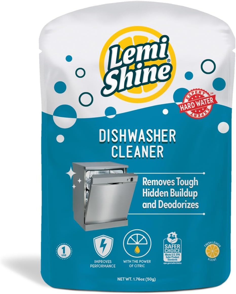Lemi Shine Natural Dishwasher Cleaner - Hard Water Citric Acid Cleaning Powder - Lemon Scented Eco-Friendly Dishwasher Cleaner & Deodorizer - 1.76 oz