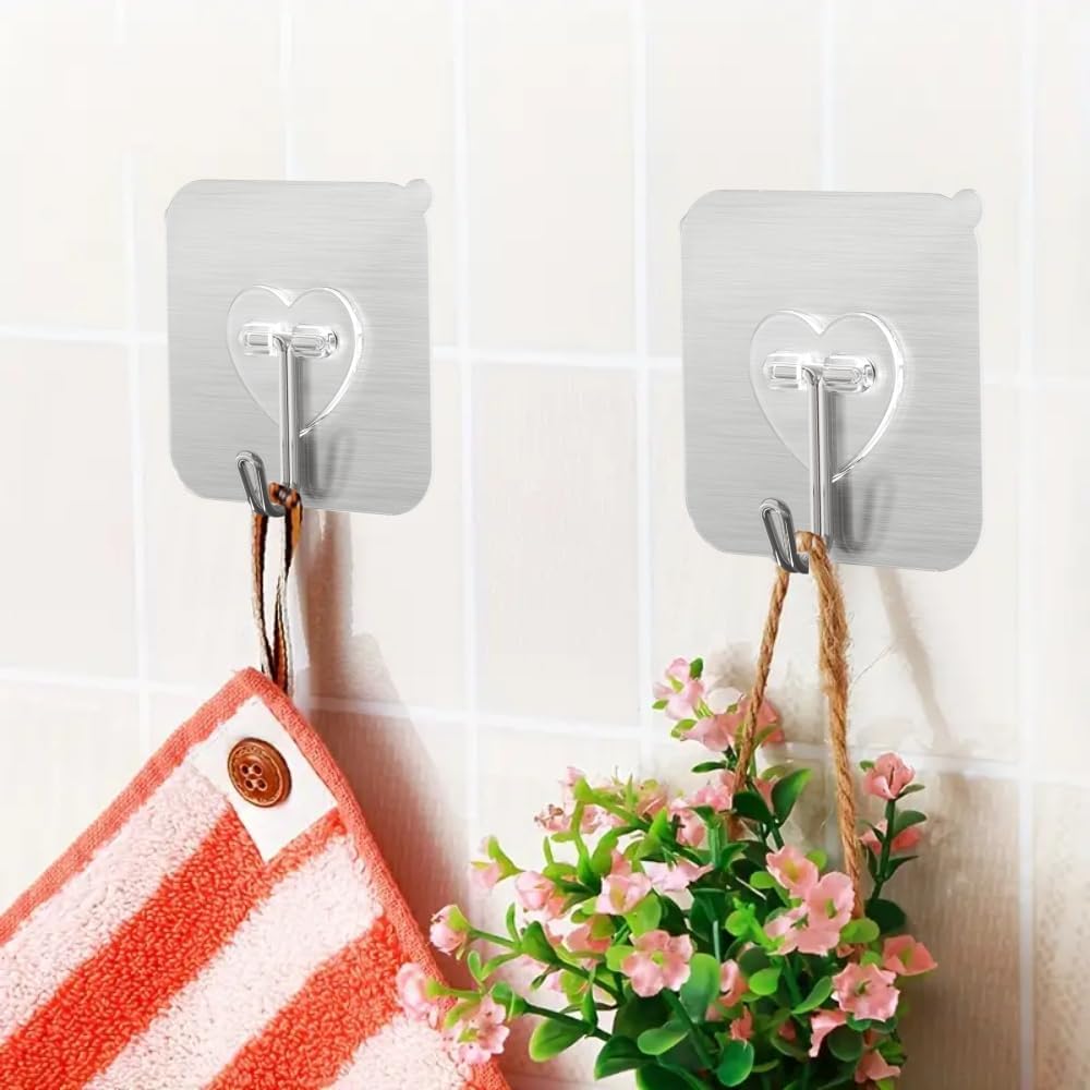 DGYB 20 Pcs Silver Adhesive Hooks for Hanging 22lb Self Adhesive Wall Hooks Heavy Duty Waterproof Sticky Hook for Shower Home Bathroom Kitchen Office