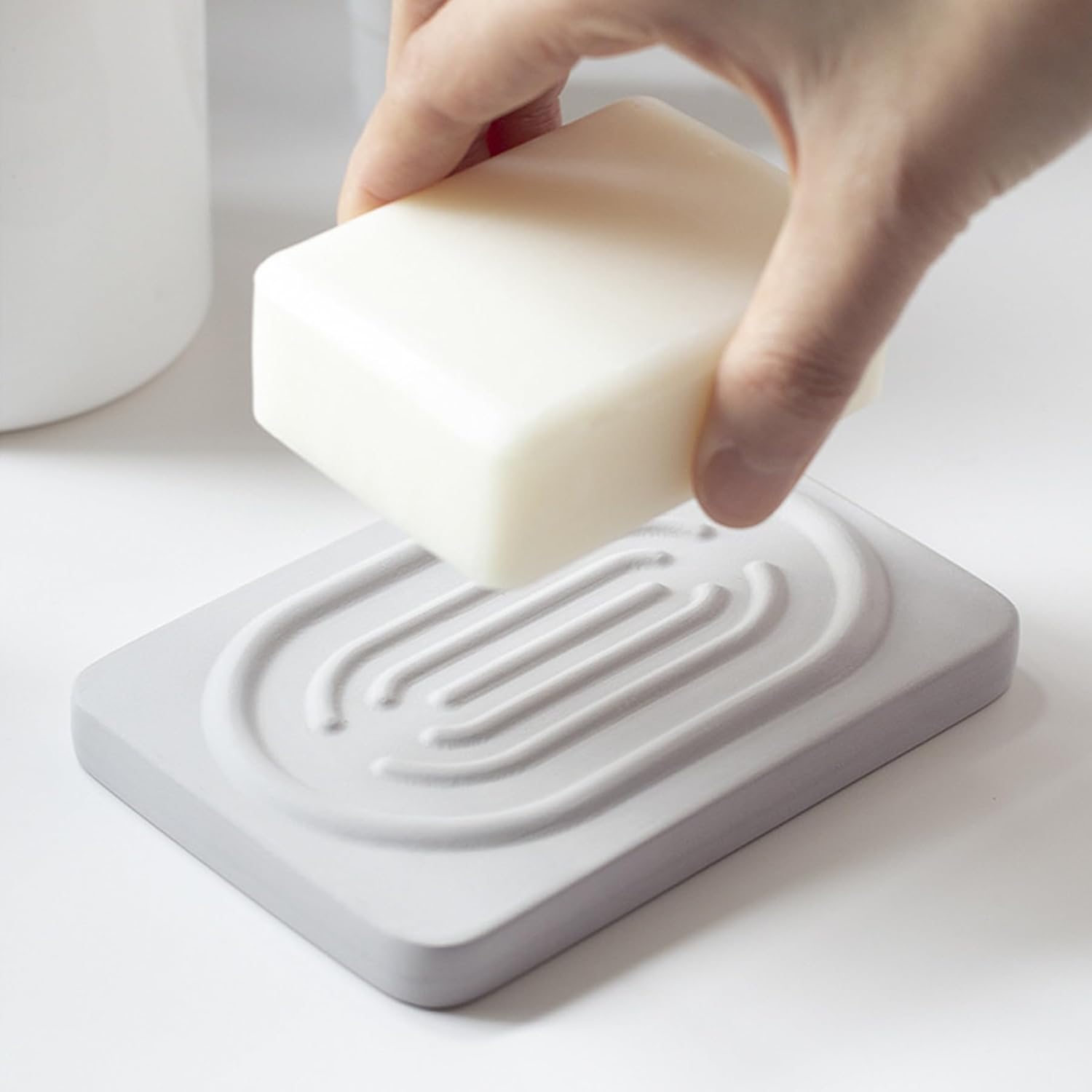 Diatomite Soap Dish for Kitchen Organizer, Quick Dry Sink Caddy Holder for Sponge, Brush, Toothbrush - Fast Absorbing Stone Tray (Light Grey, 4.8" x 3.1")