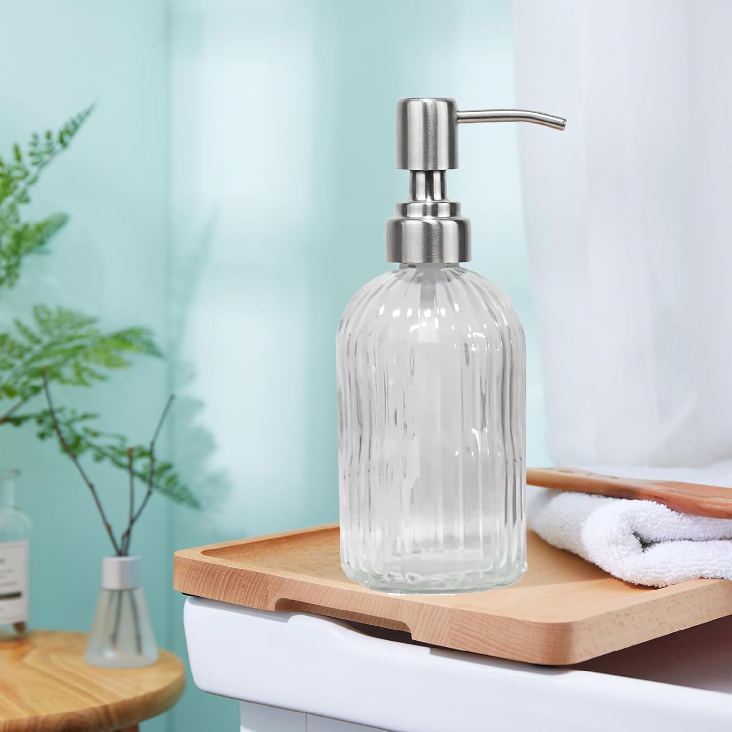 14Oz Clear Soap Dispenser Bathroom, Glass Hand Soap Dispensers with Stainless Steel Pump, Refillable Dish Soap Dispenser for Kitchen, Countertop Soap Dispensers