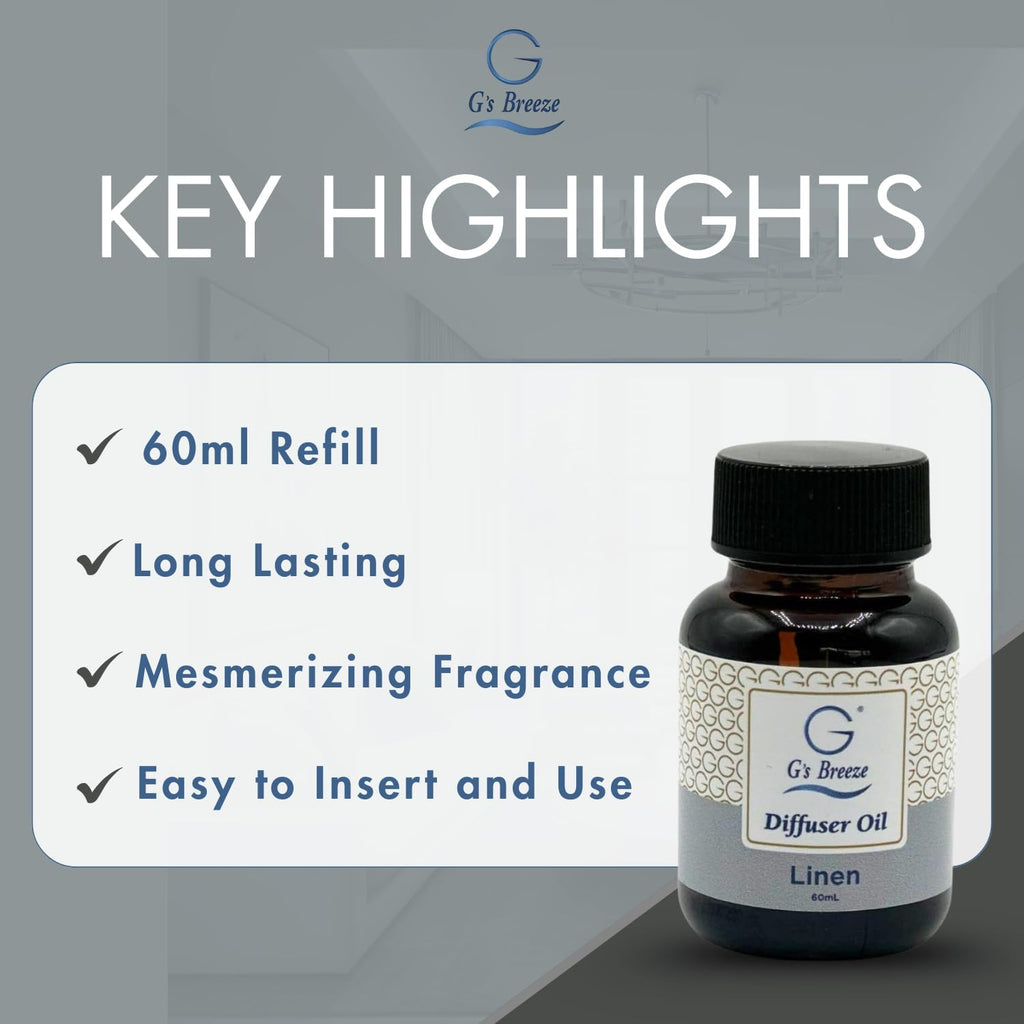 G's Breeze Linen Diffuser Oil Refill - Crisp, Clean Fragrance with Cotton & Floral Notes - Inviting & Fresh Scent for Any Space – Ideal for Home & Office – Long-Lasting Freshness Aroma - 60 ML