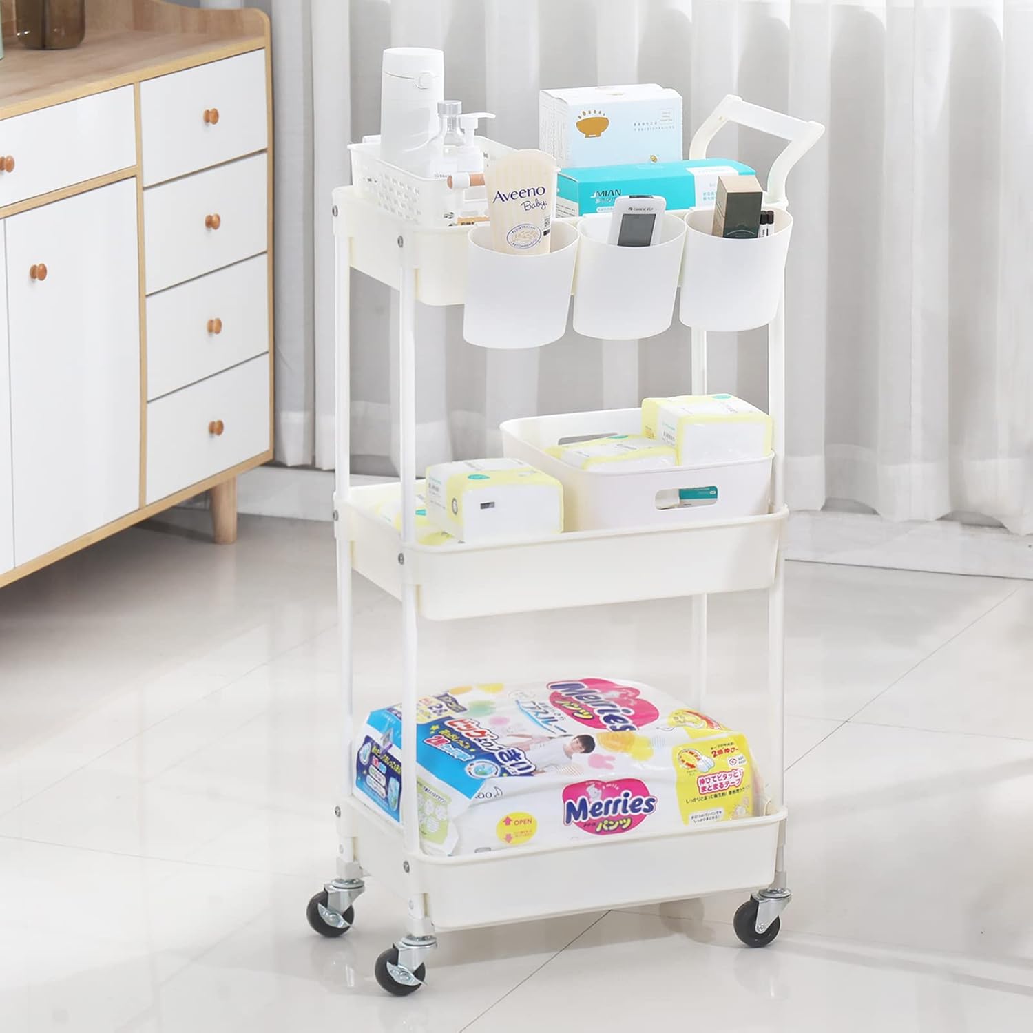 3-Tier Utility Rolling Cart,Mobile Utility Cart with Lockable Caster Wheels,Storage Shelves Organizer Cart, 3 Hanging Baskets, Easy Assembly,for Bathroom, Kitchen, Office, Workshop