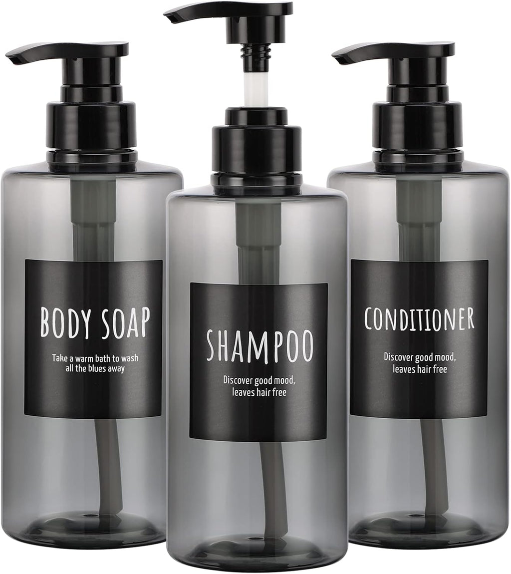Refillable Shampoo Bottles, Segbeauty 16.9oz Shampoo Dispenser, 3pcs 500ml Empty Plastic Pump Bottle for Shower, Labeled Grey Large PET Lotion Dispenser with Pump Body Soap Conditioner Hotel Bathroom