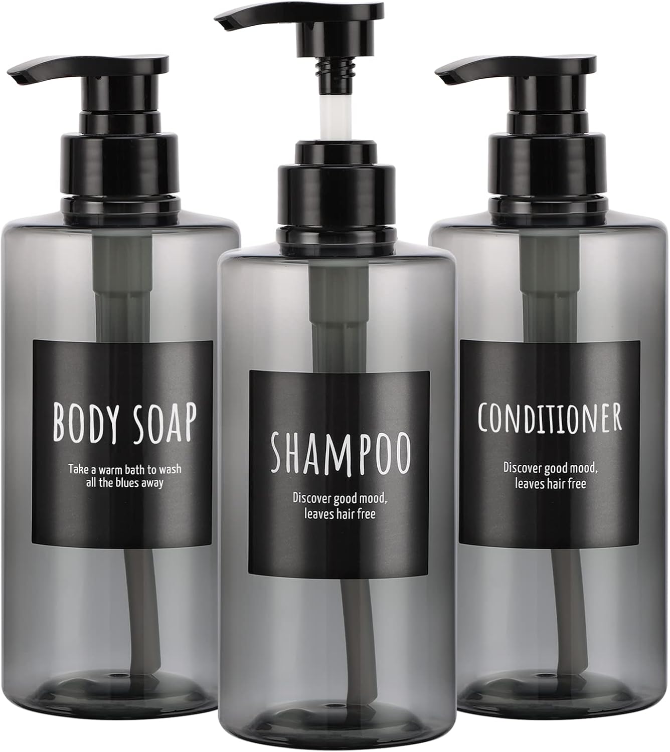 Refillable Shampoo Bottles, Segbeauty 16.9oz Shampoo Dispenser, 3pcs 500ml Empty Plastic Pump Bottle for Shower, Labeled Grey Large PET Lotion Dispenser with Pump Body Soap Conditioner Hotel Bathroom