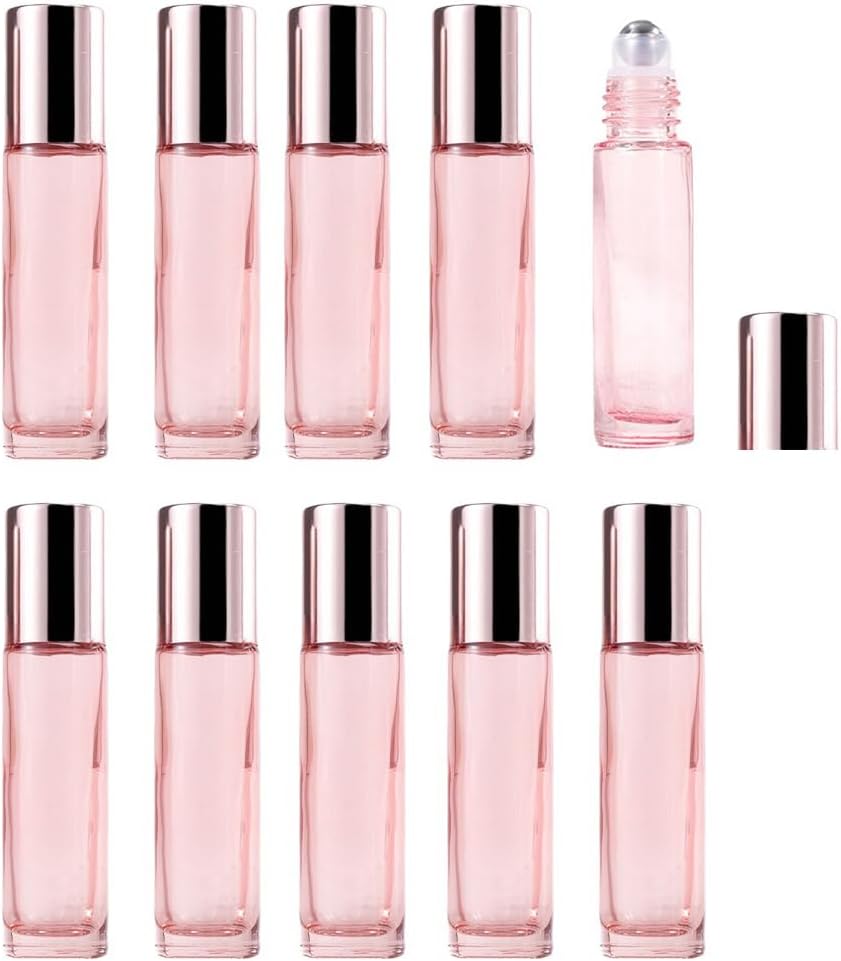 10 Pack Glass Essential Oil Roller Bottles,5ml Pink Roller Bottles with Stainless Steel Roller Balls,Refillable Massage Roller Bottle Perfume Bottle for Travel