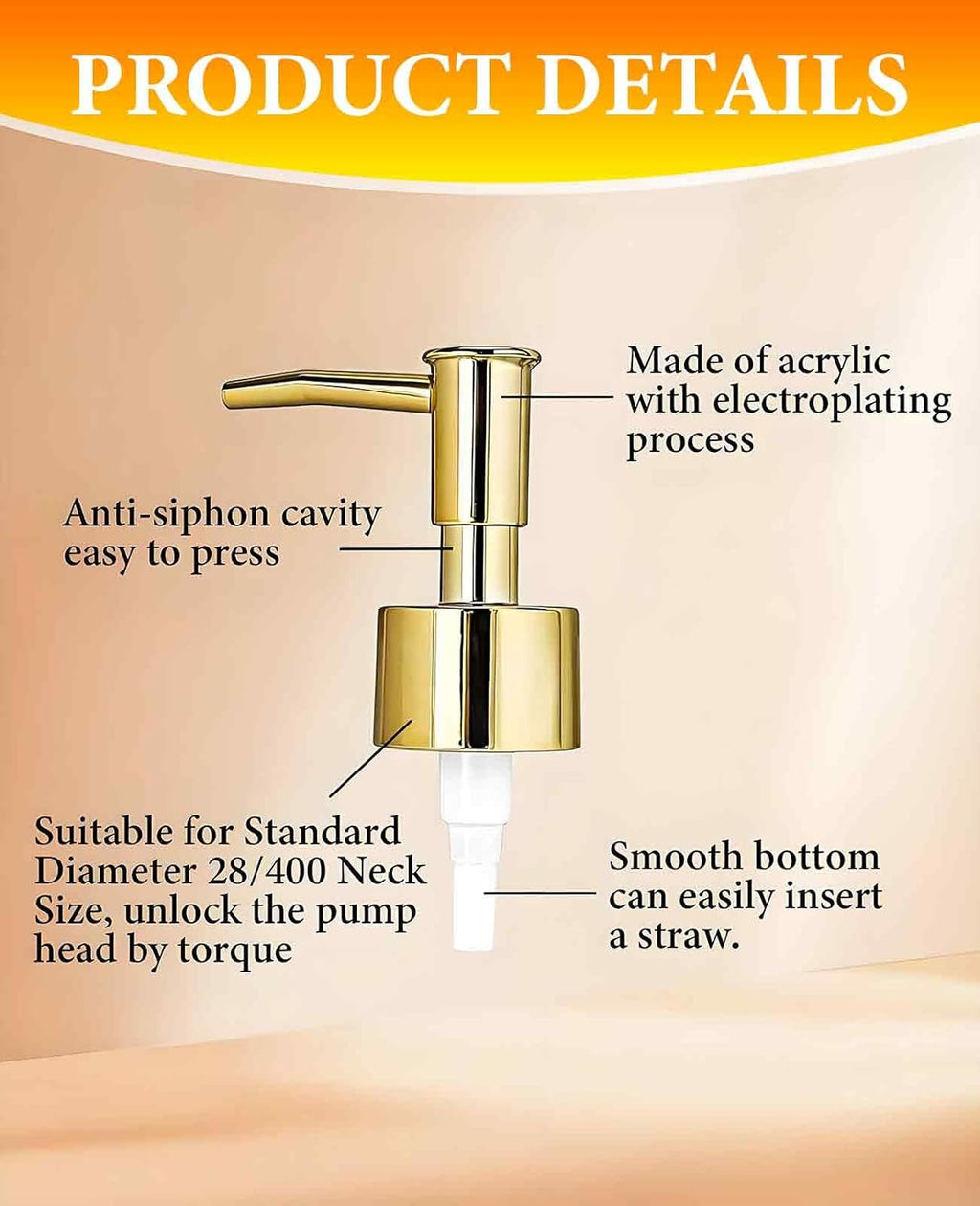6 Pack Gold Soap Dispenser Pump, Top Replacement for Lotion & Regular Glass Bottles (Standard Diameter 28/400 Neck Size)