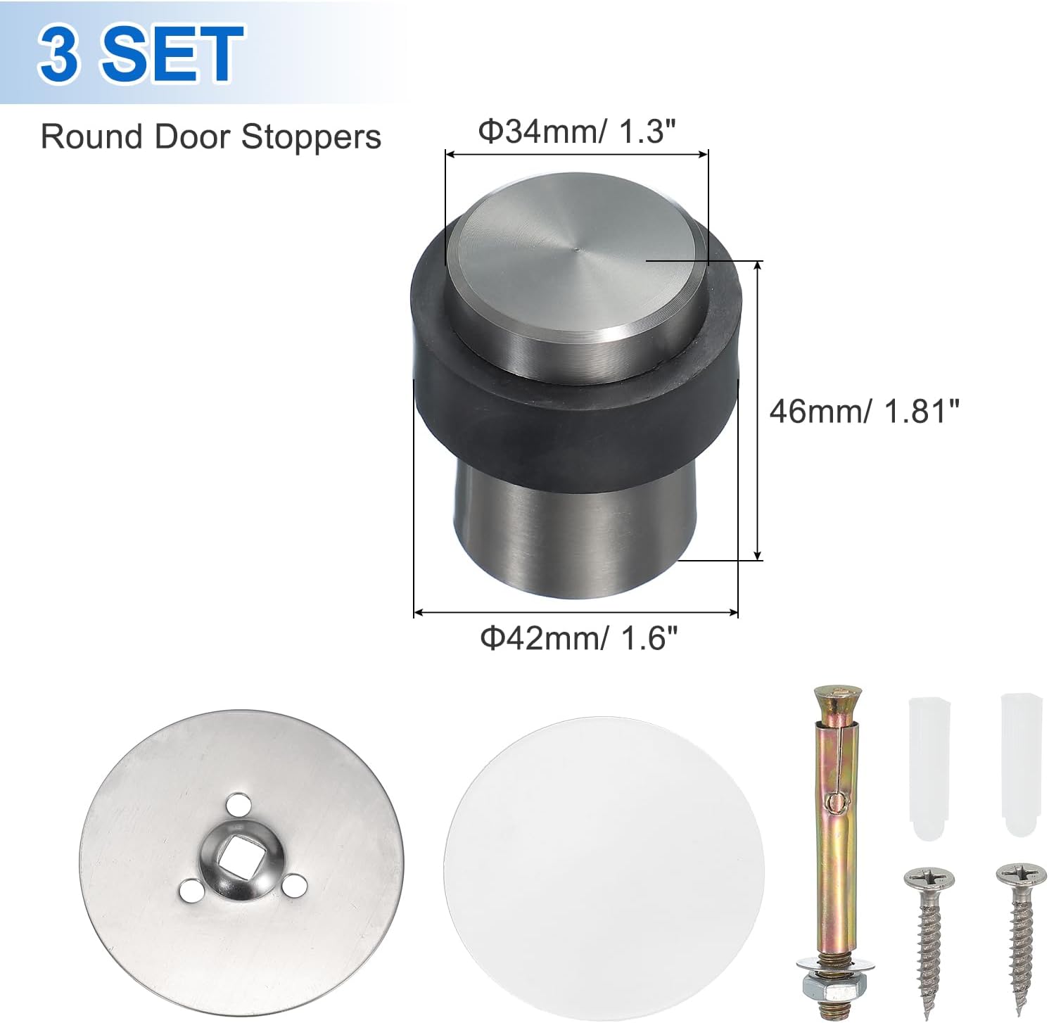 PATIKIL 3Set Round Door Stoppers, 46mm Stainless Steel Door Stop Doorstop Wedge Metal Cylinder Self Adhesive with Screw for Bottom of Door Floor Inside, Gray